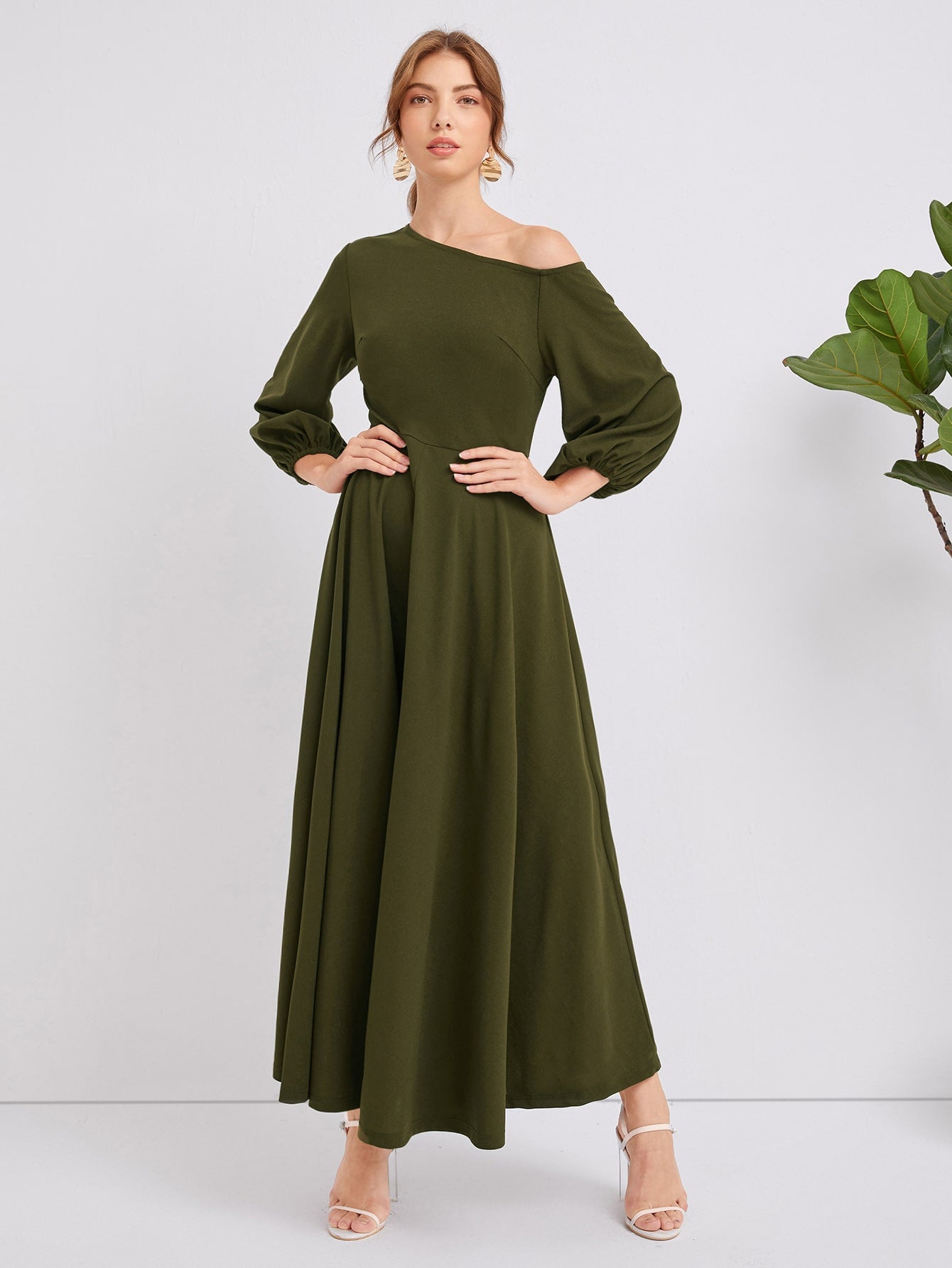 Asymmetrical Neck Lantern Sleeve Super Wide Leg Jumpsuit
