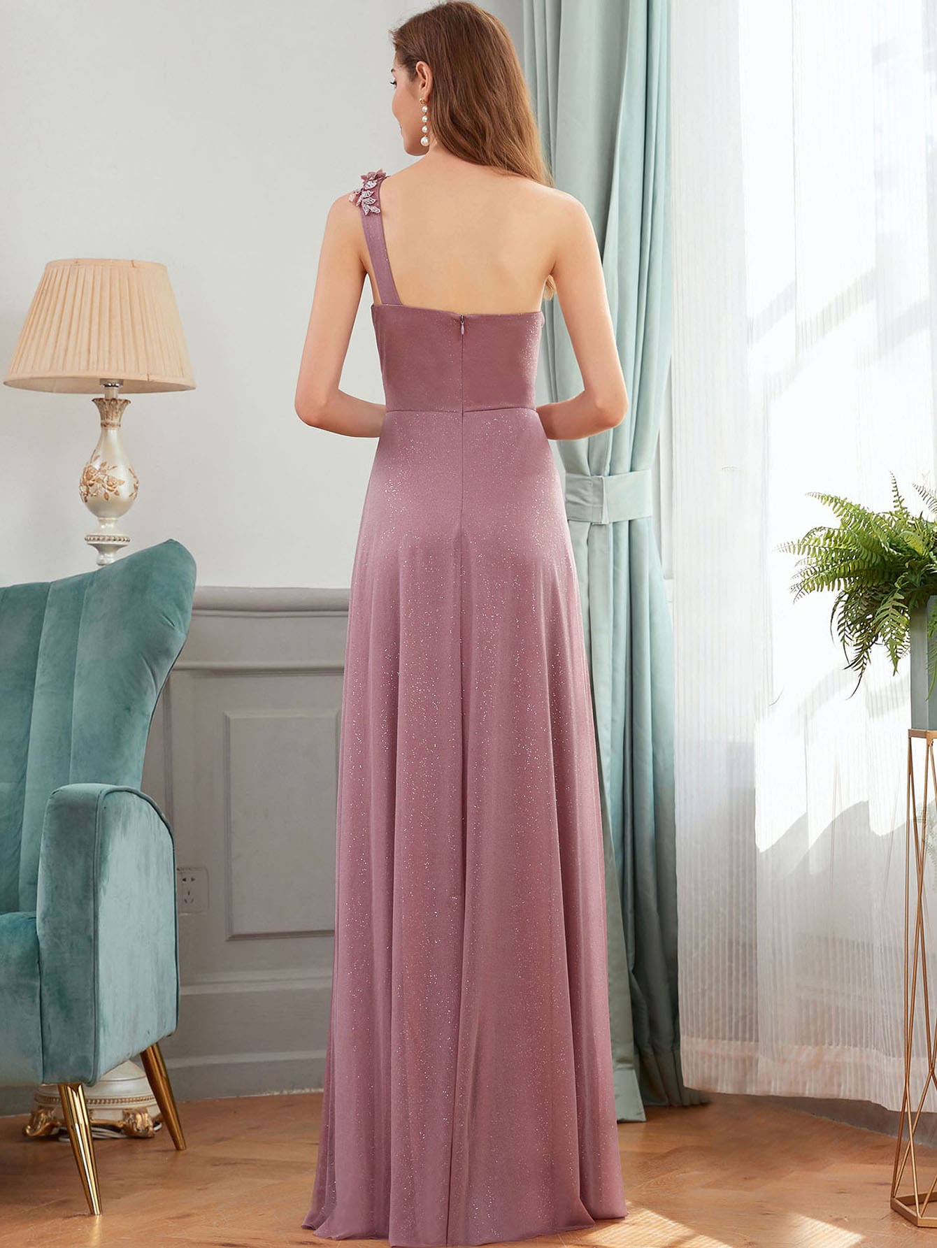 One Shoulder Applique Wrap Glitter Prom Dress