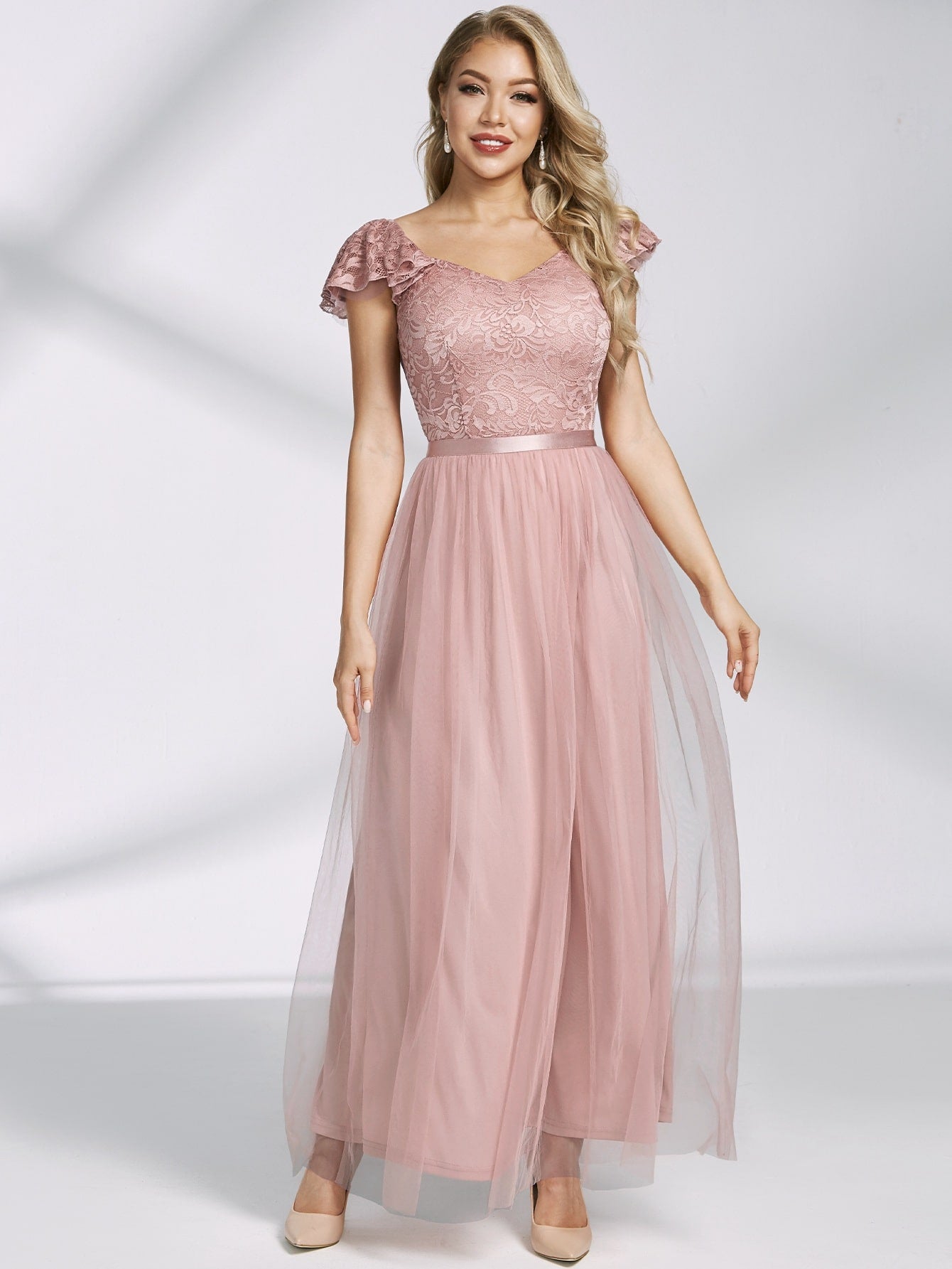 Miusol Flutter Sleeve Lace Bodice Mesh Prom Dress