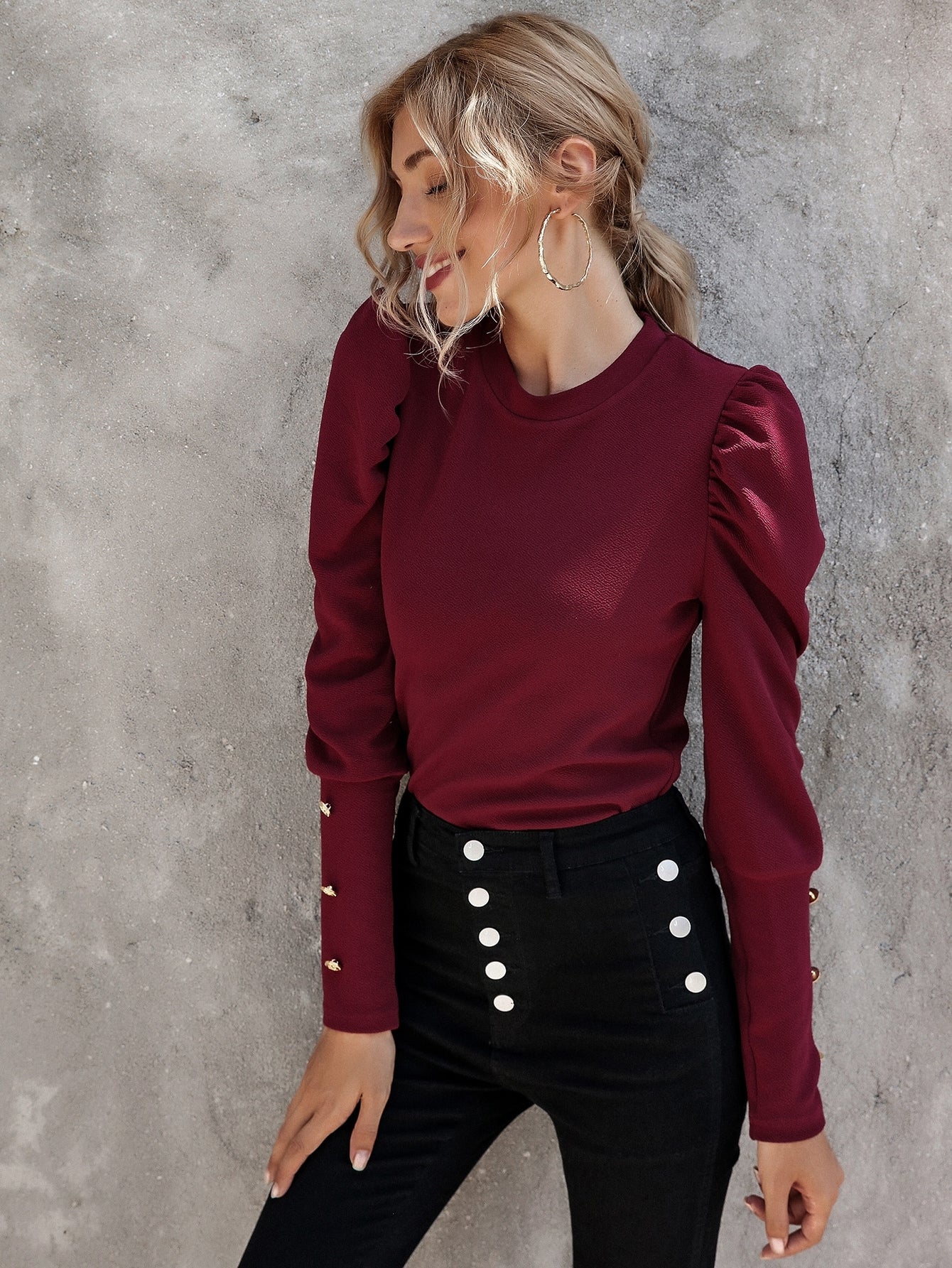 Button Detail Gigot Sleeve Tee