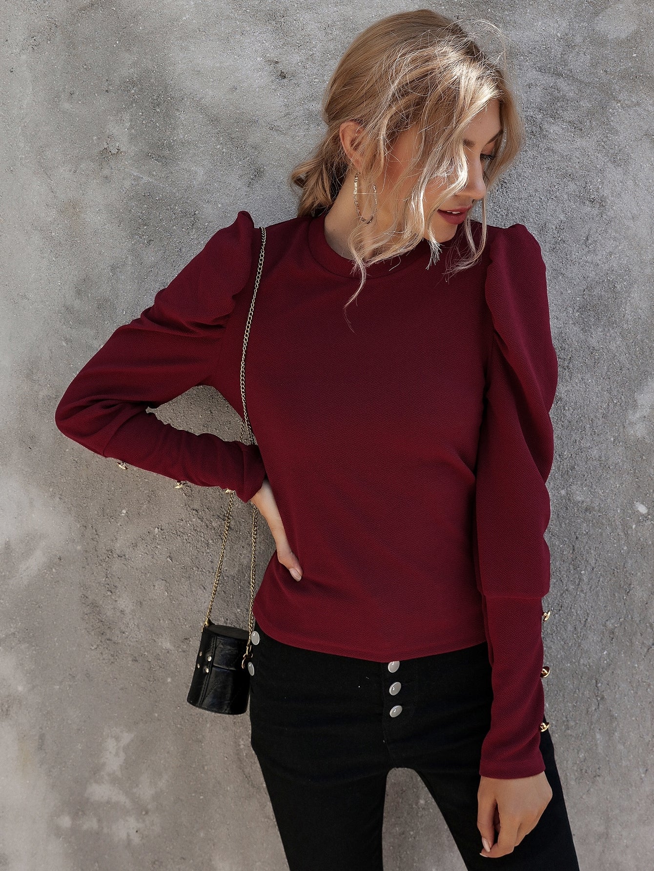 Button Detail Gigot Sleeve Tee