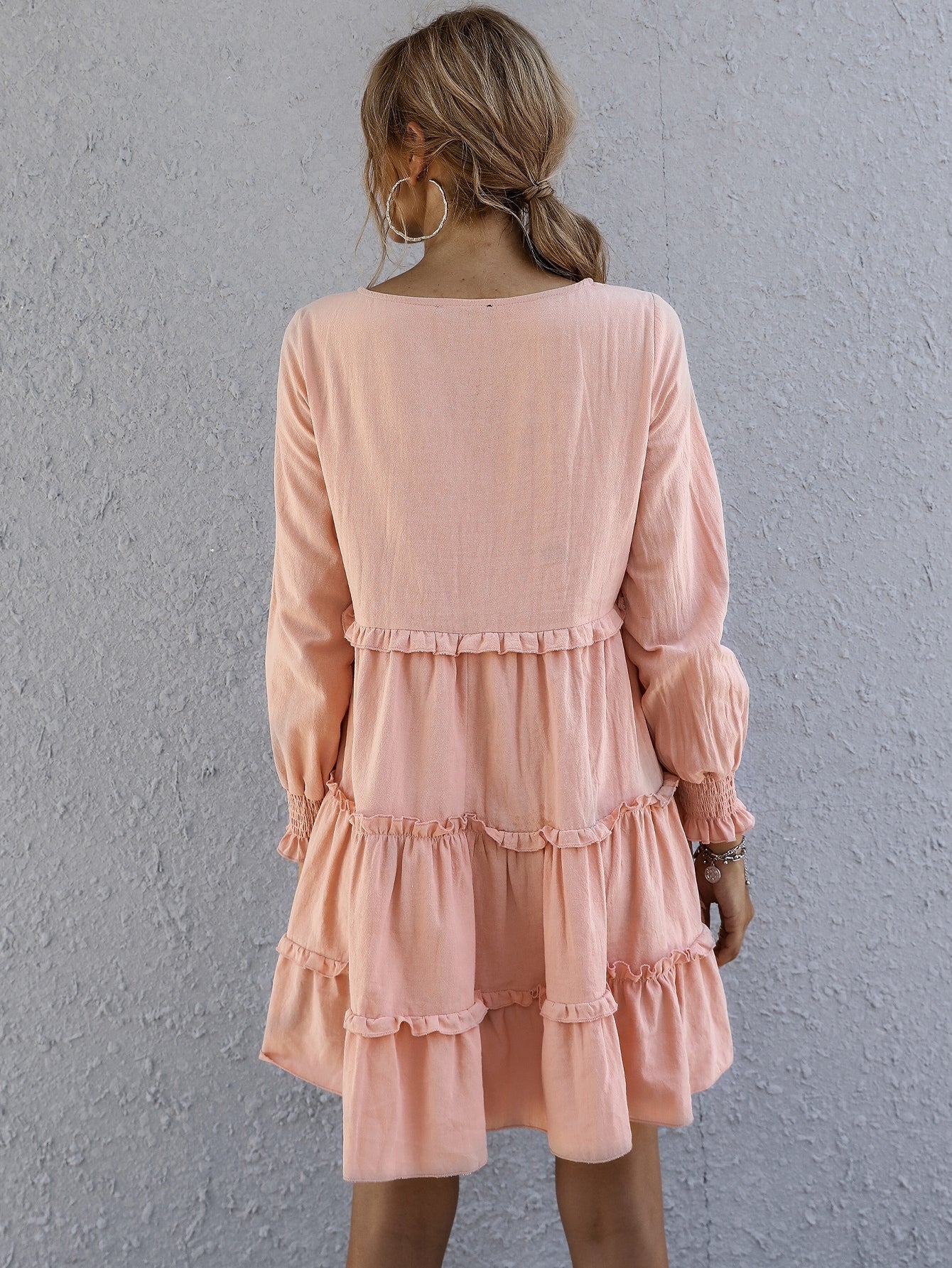 Shirred Cuff Layered Hem Smock Dress