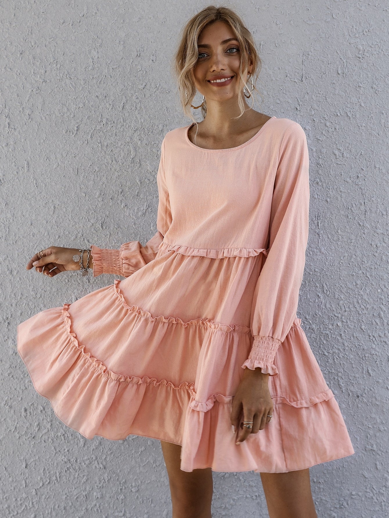 Shirred Cuff Layered Hem Smock Dress