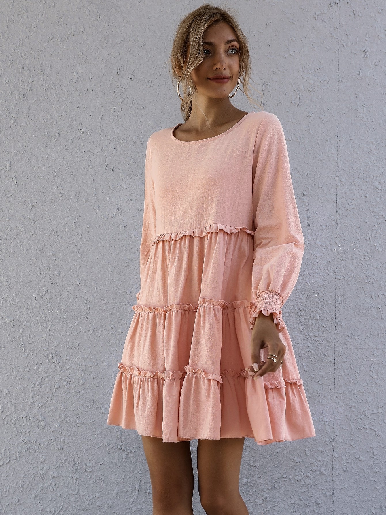 Shirred Cuff Layered Hem Smock Dress