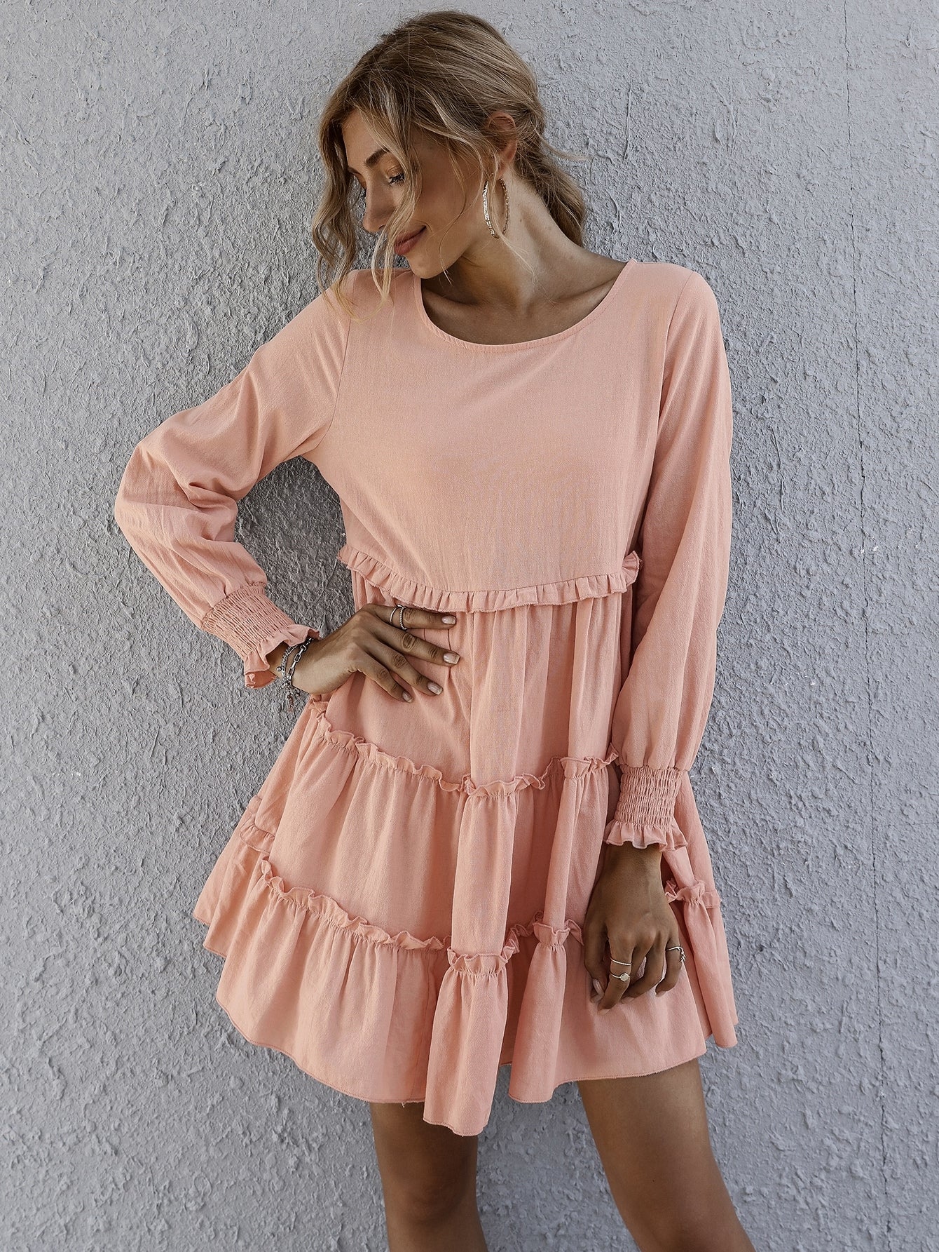 Shirred Cuff Layered Hem Smock Dress