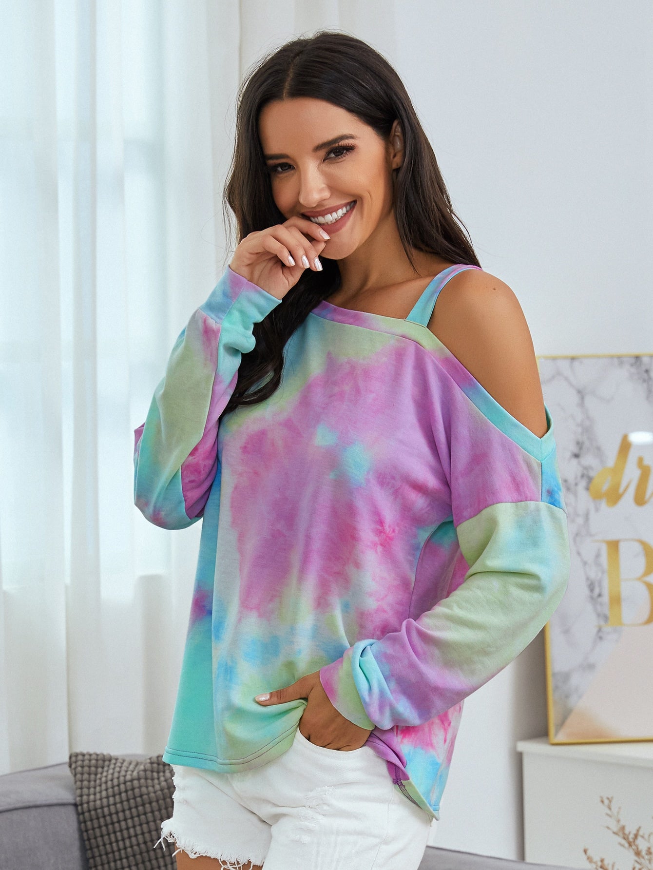 Asymmetrical Neck Tie Dye Drop Shoulder Tee