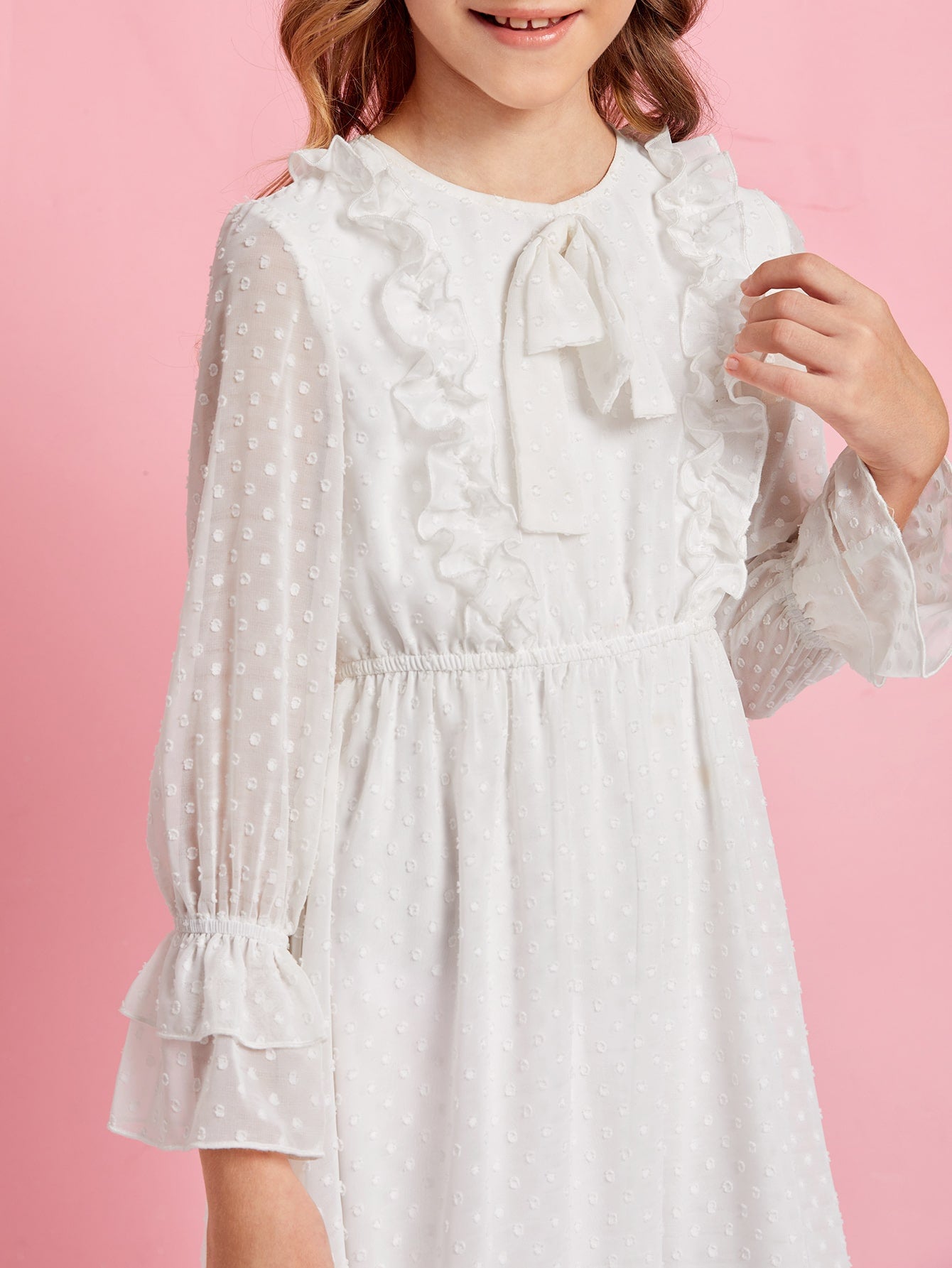 Girls Bow Front Ruffle Trim Swiss Dot Dress