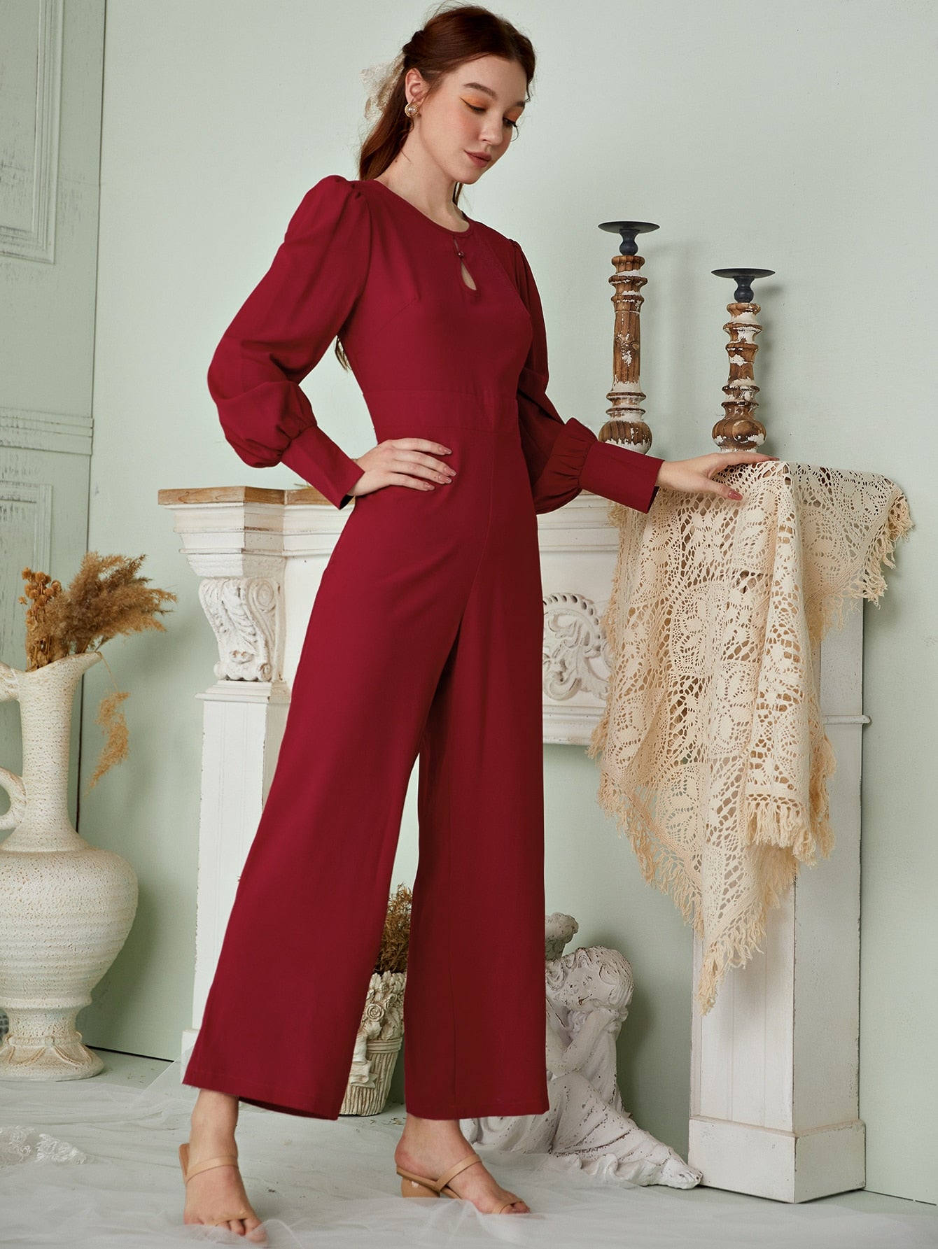 Keyhole Neck Puff Sleeve Wide Leg Jumpsuit