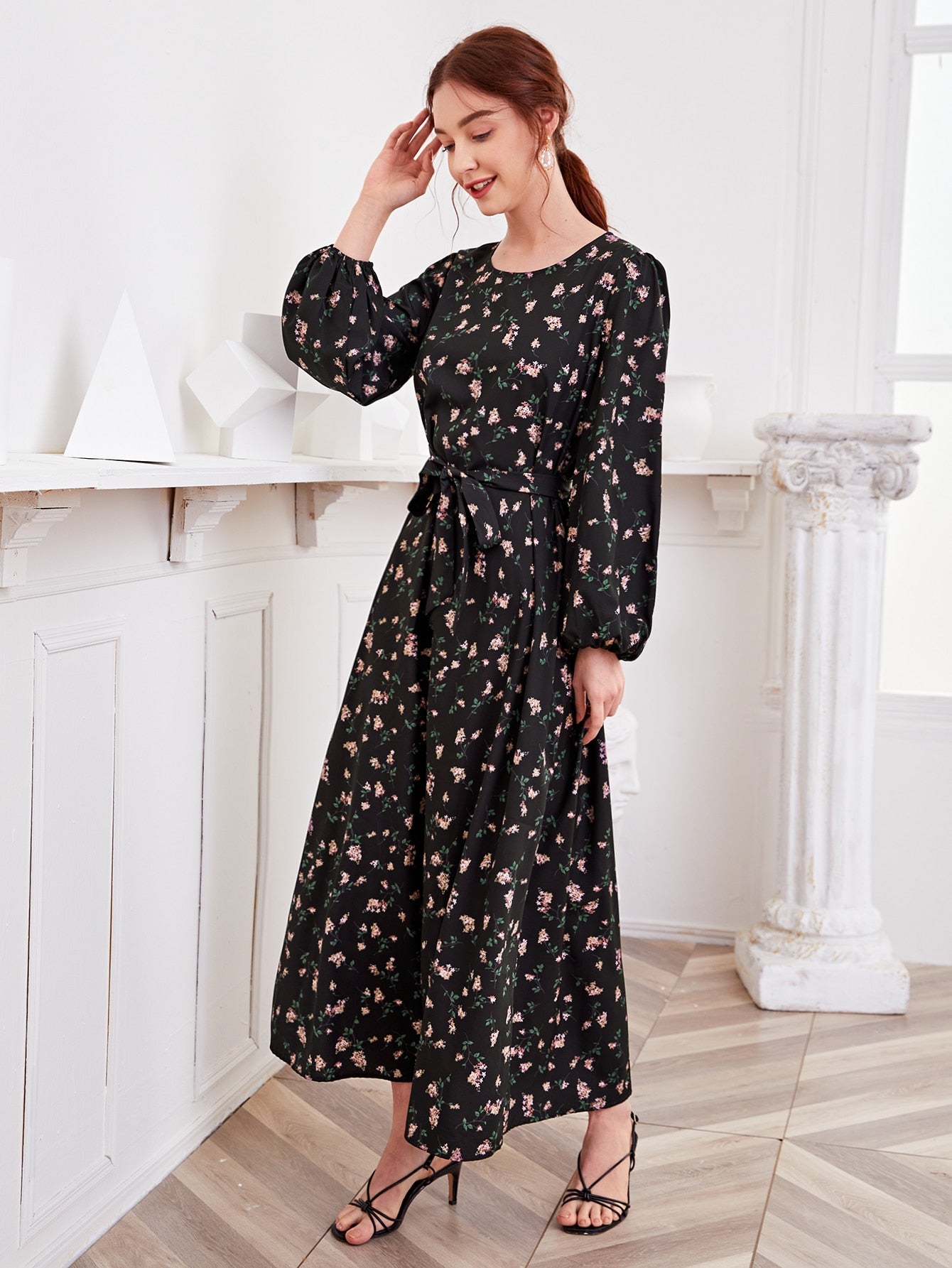 Floral Print Lantern Sleeve Belted Dress