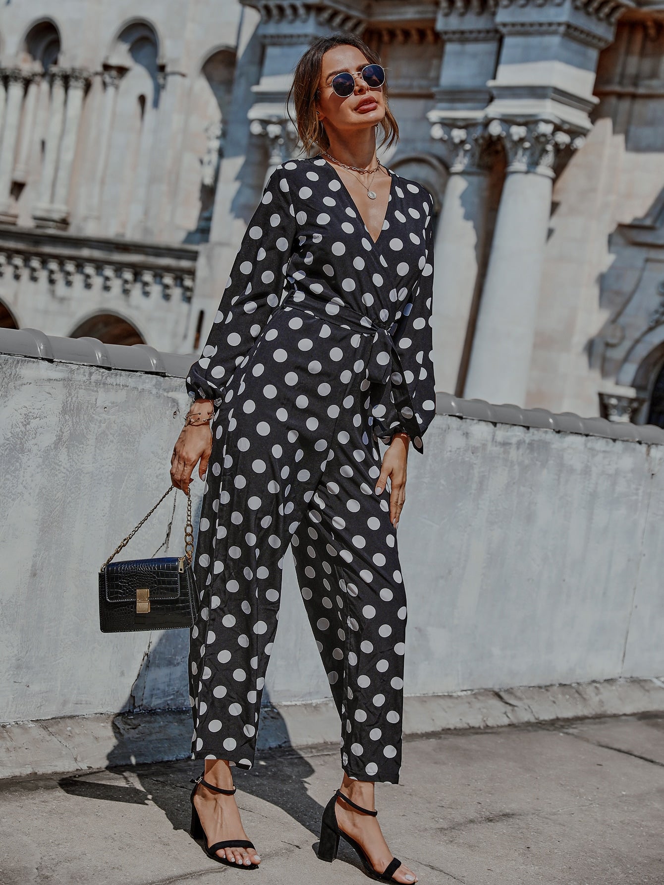 Surplice Neck Polka Dot Belted Jumpsuit