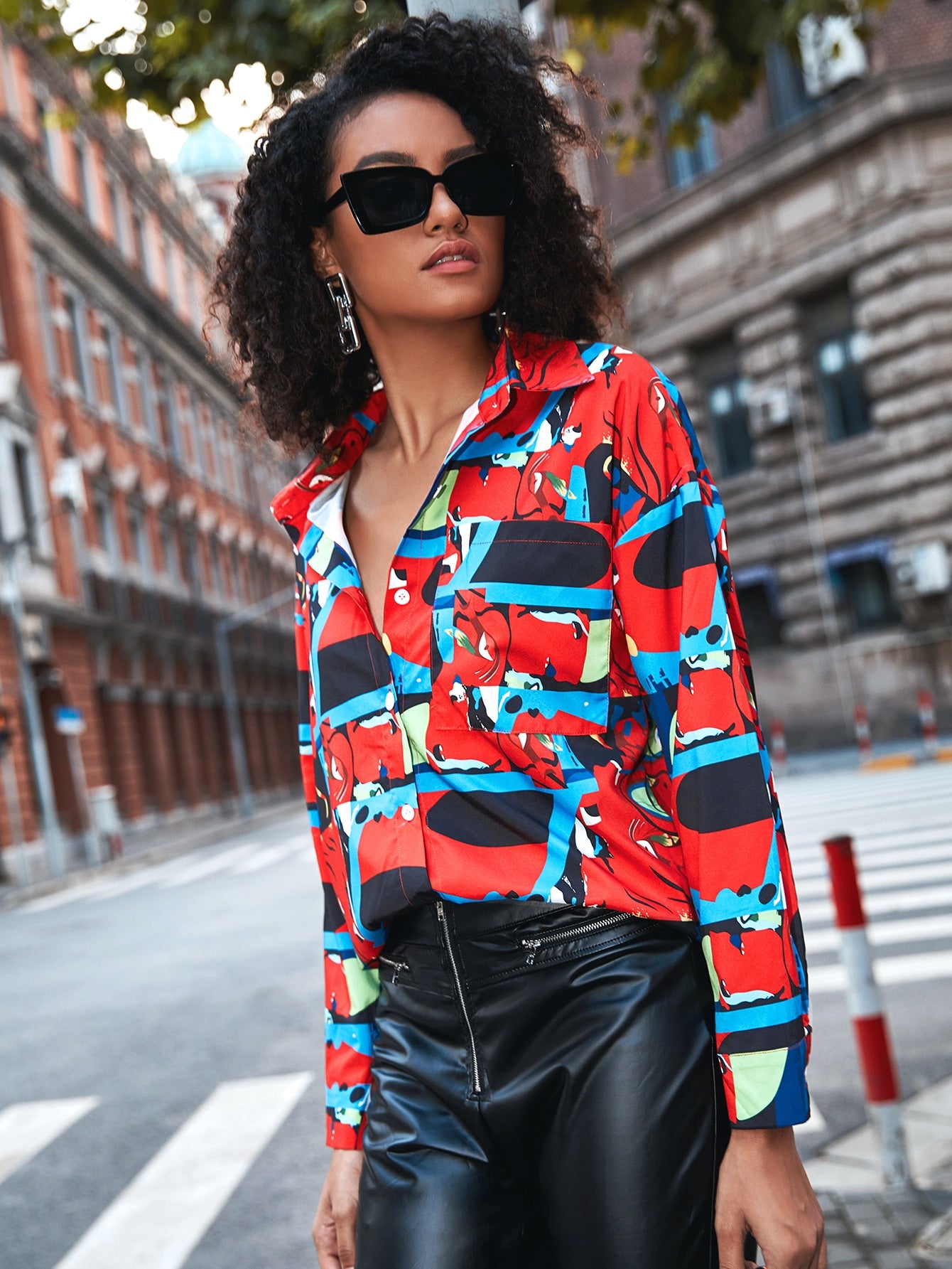 All Over Print Button Front High Low Hem Blouse