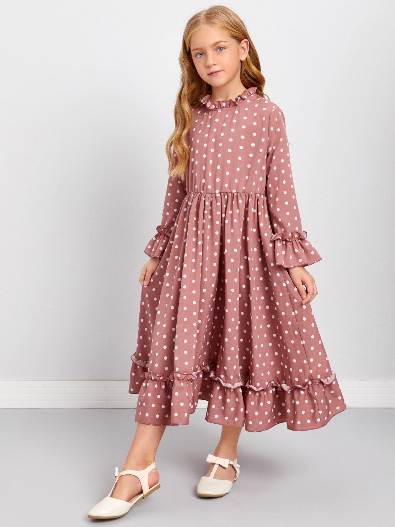 Girls Flounce Sleeve Frill Detail Polka Dot Dress