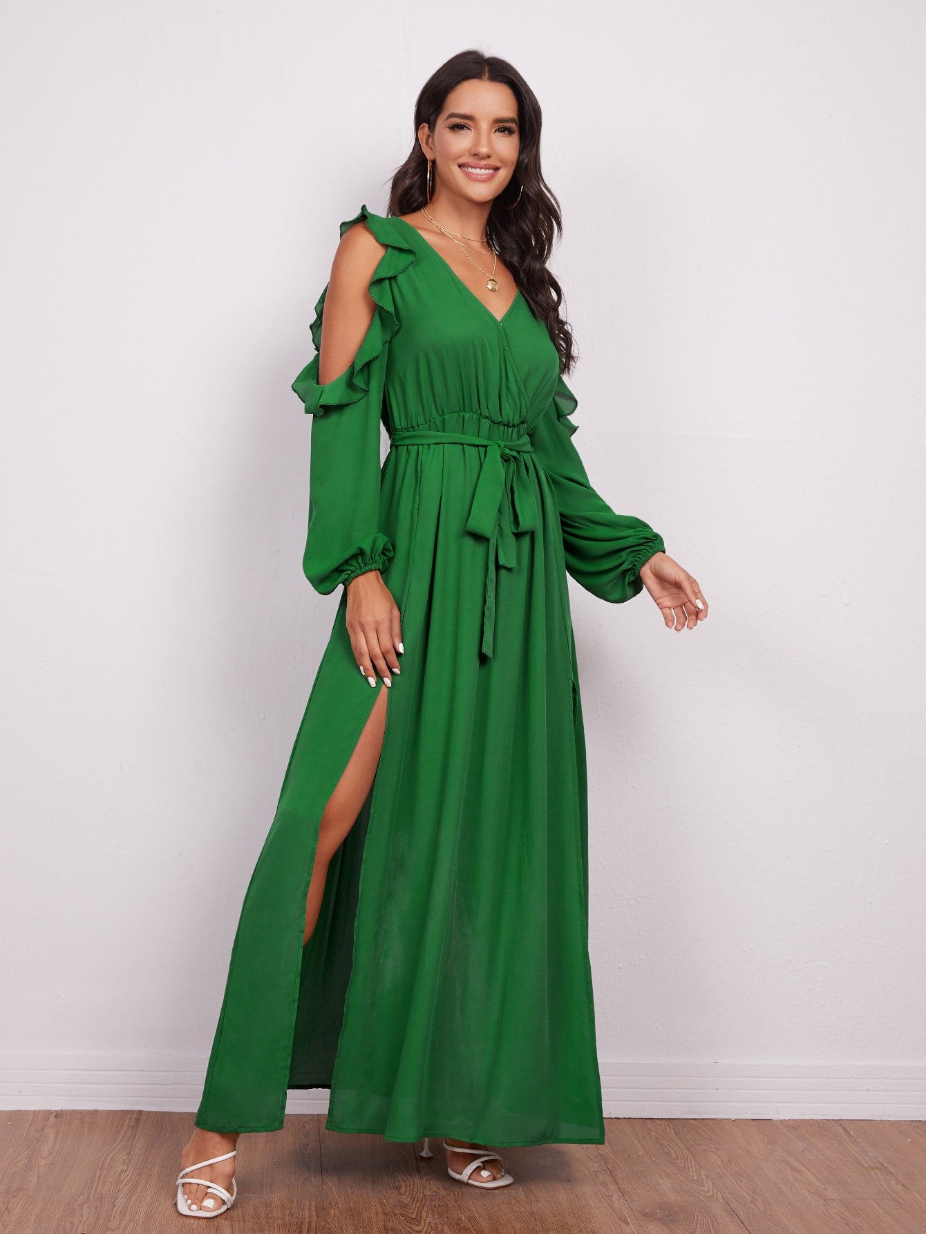 Cold Shoulder Ruffle Trim Split Thigh Self Belted Dress