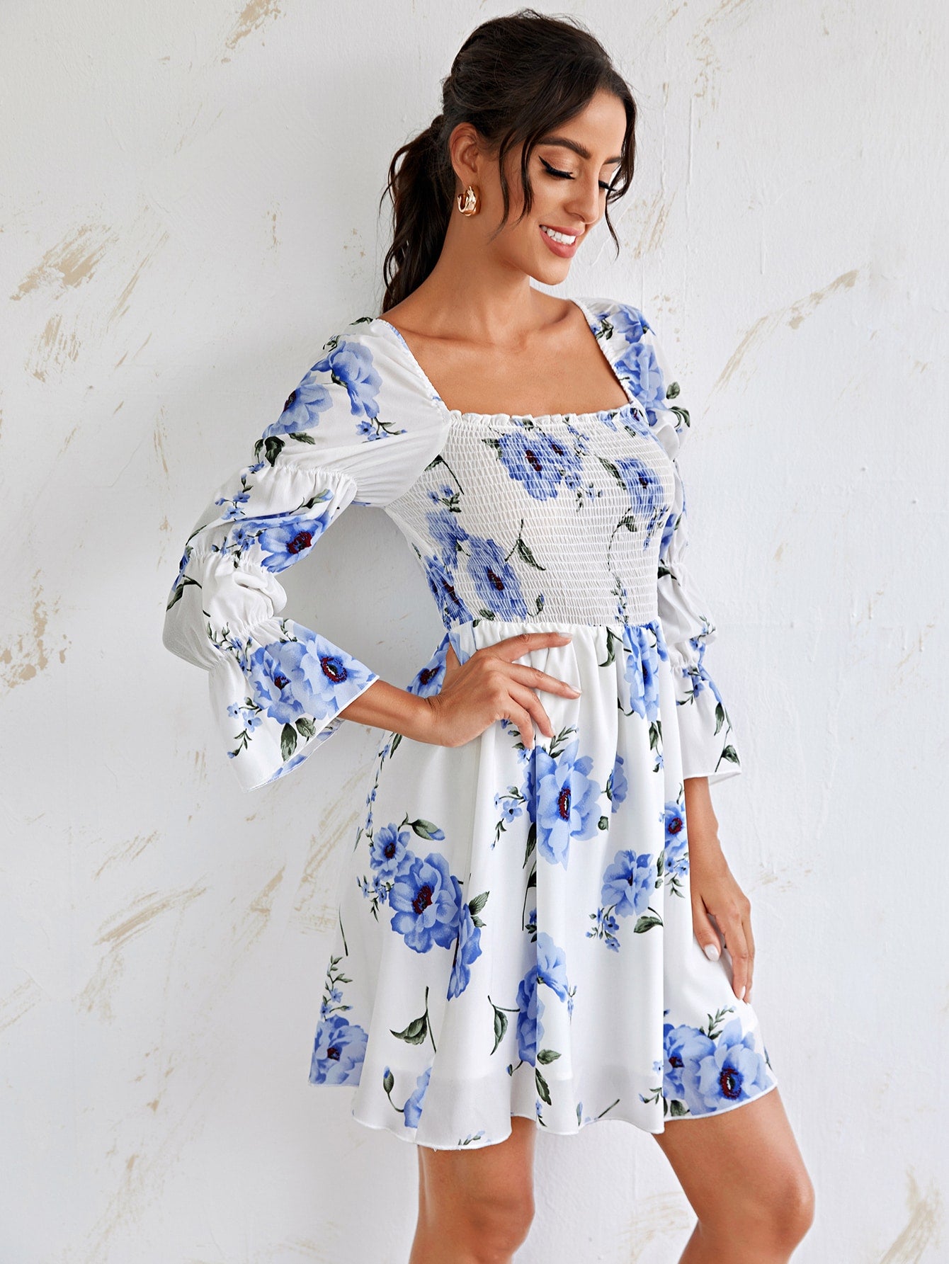 Flounce Sleeve Floral Print Shirred Dress