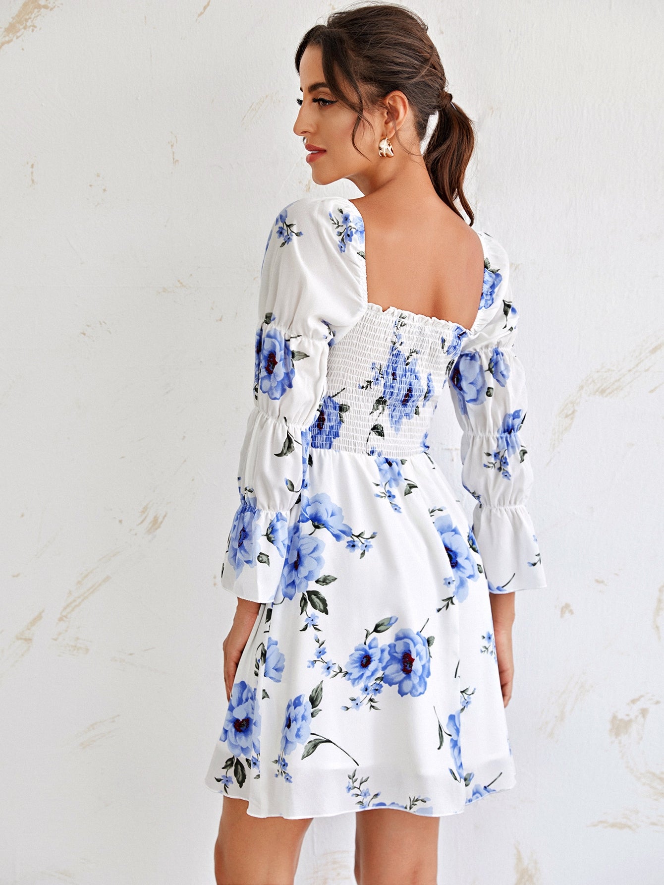 Flounce Sleeve Floral Print Shirred Dress