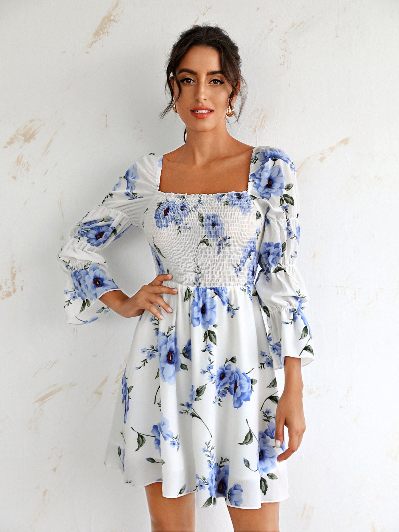 Flounce Sleeve Floral Print Shirred Dress