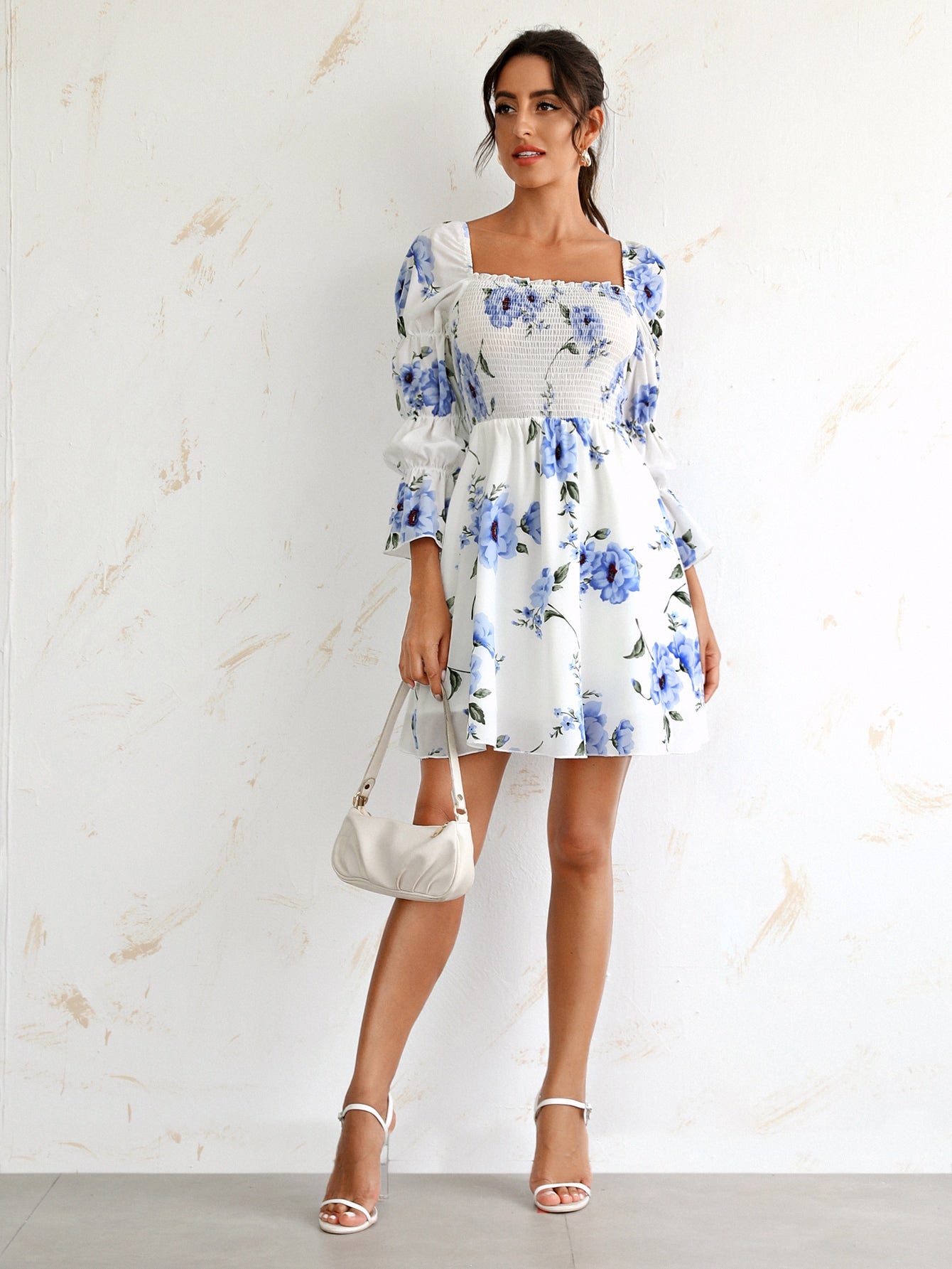 Flounce Sleeve Floral Print Shirred Dress