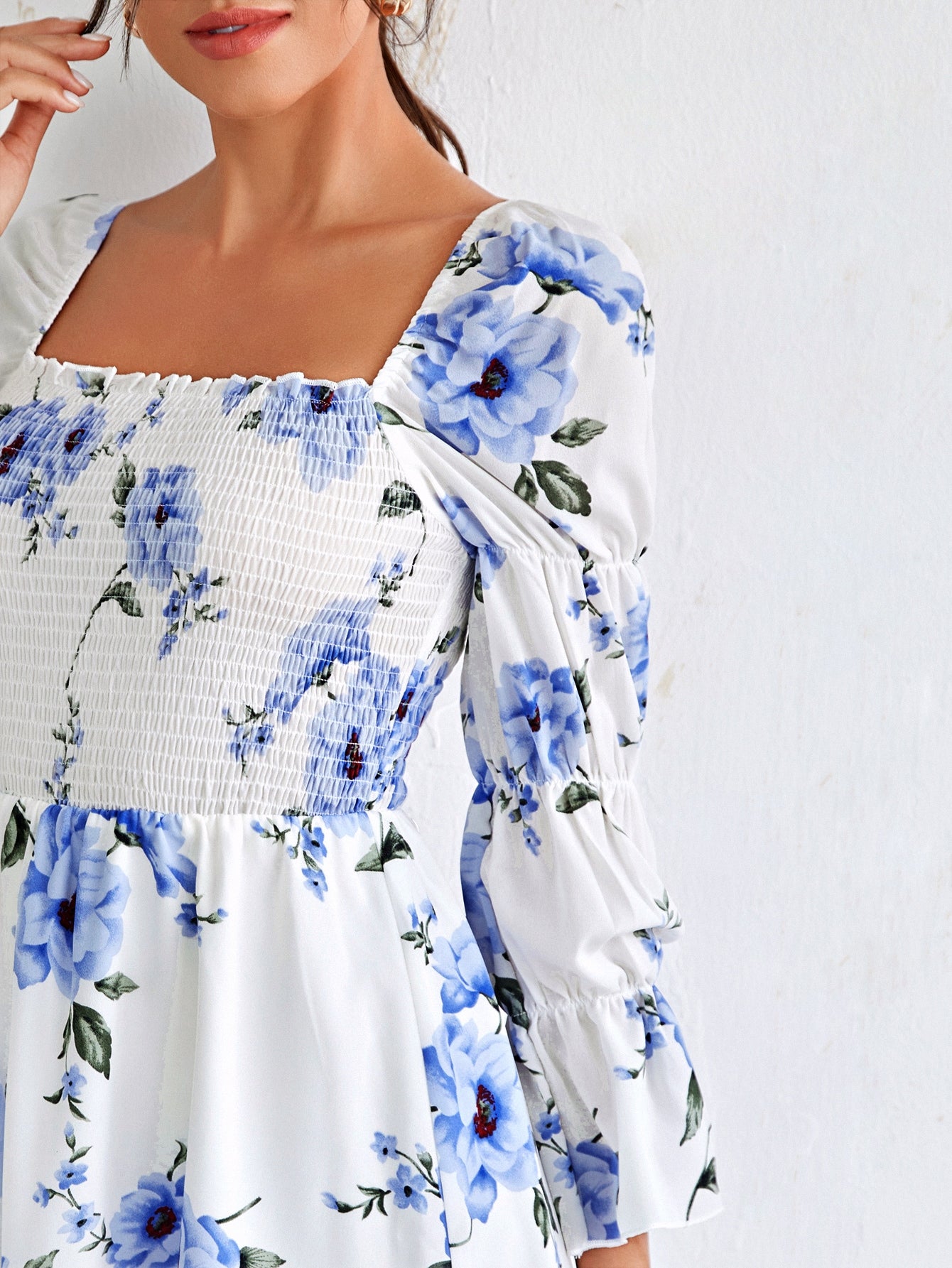 Flounce Sleeve Floral Print Shirred Dress