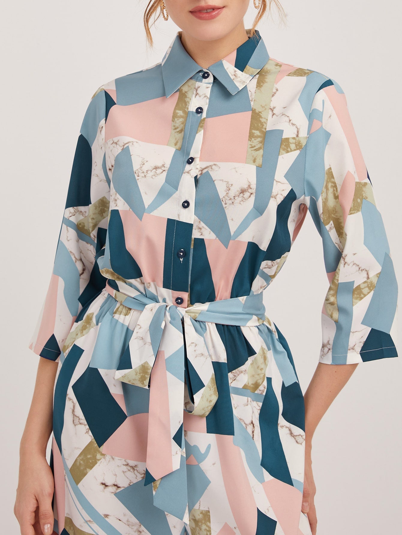 Geo Print Button Half Placket Belted Jumpsuit