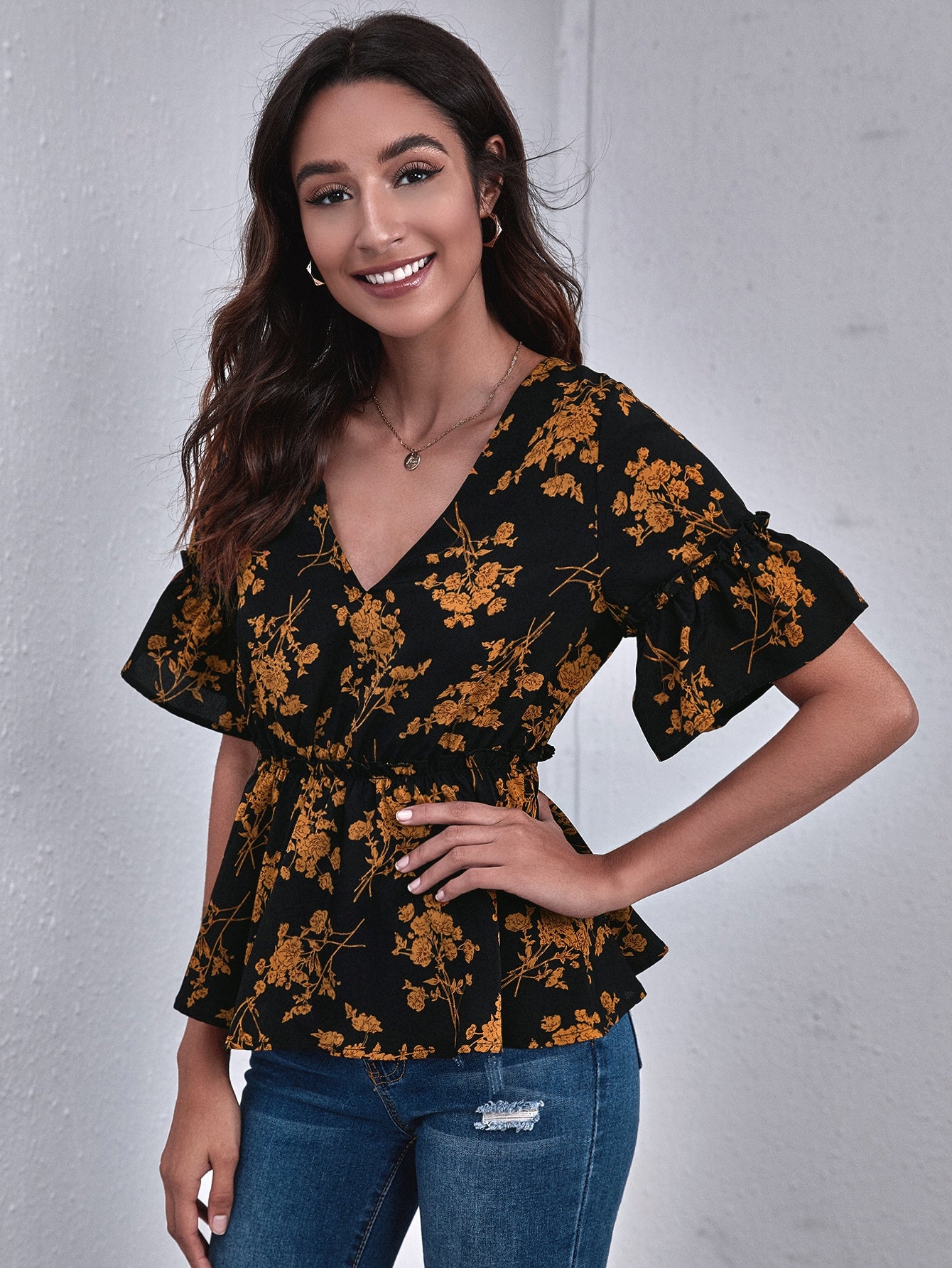 Frill Trim Tie Back Floral Peplum Top