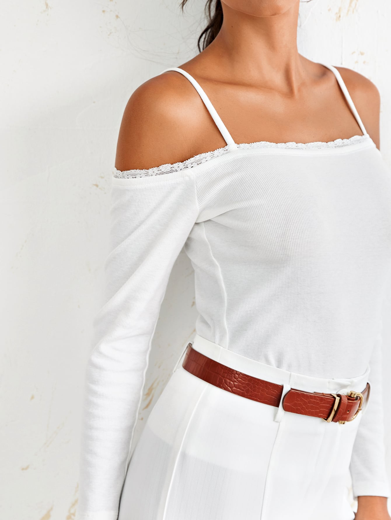 Contrast Lace Cold Shoulder Tee