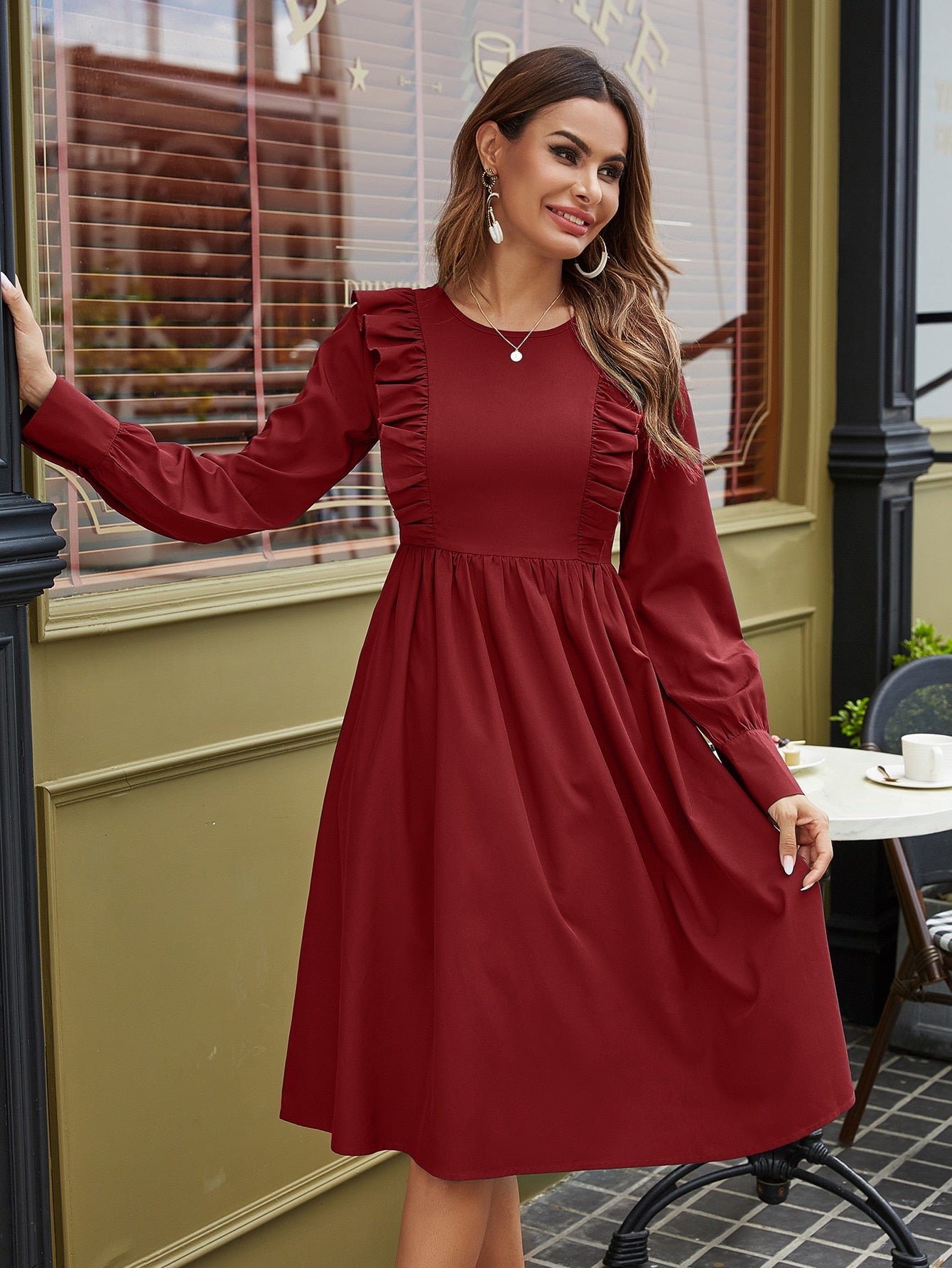 Solid Ruffle Trim Midi A-line Dress