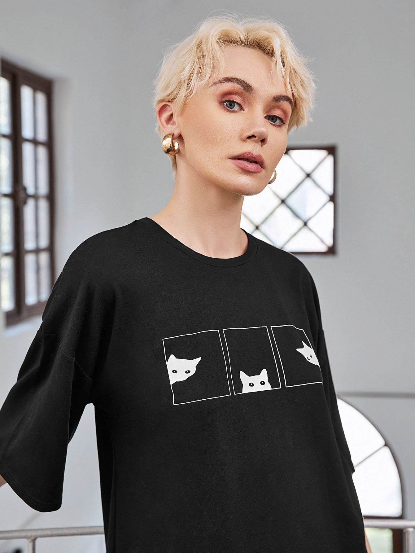 Drop Shoulder Cat Print Longline Tee