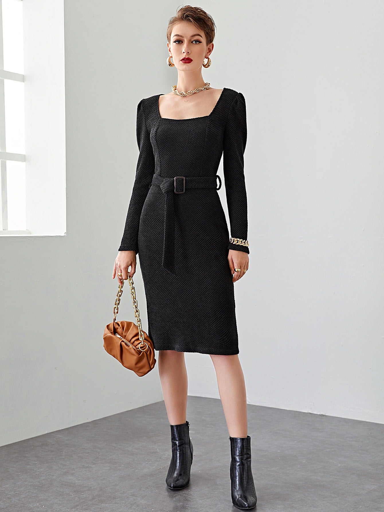 Square Neck Buckle Belted Slit Hem Waffle Knit Dress