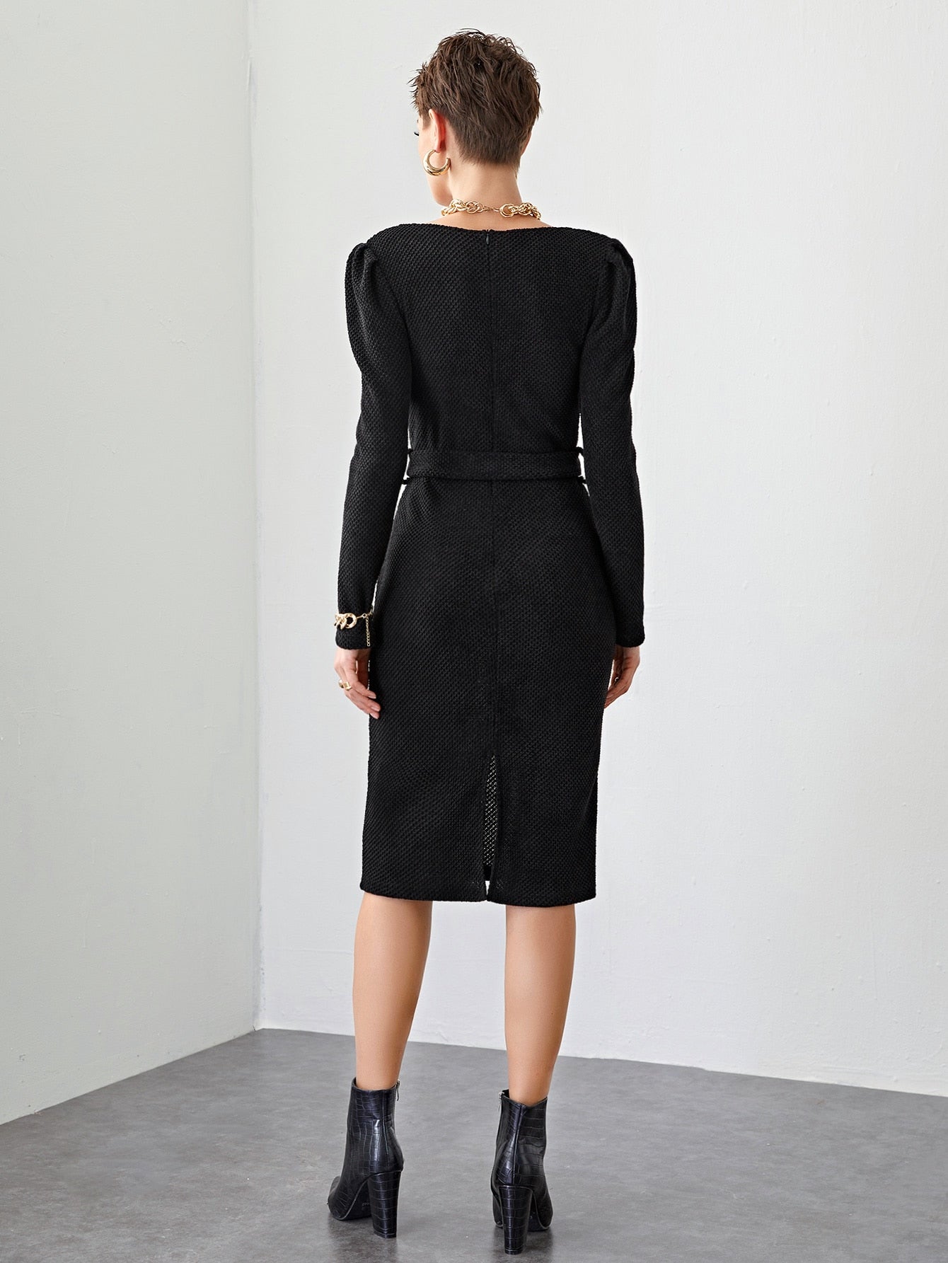 Square Neck Buckle Belted Slit Hem Waffle Knit Dress