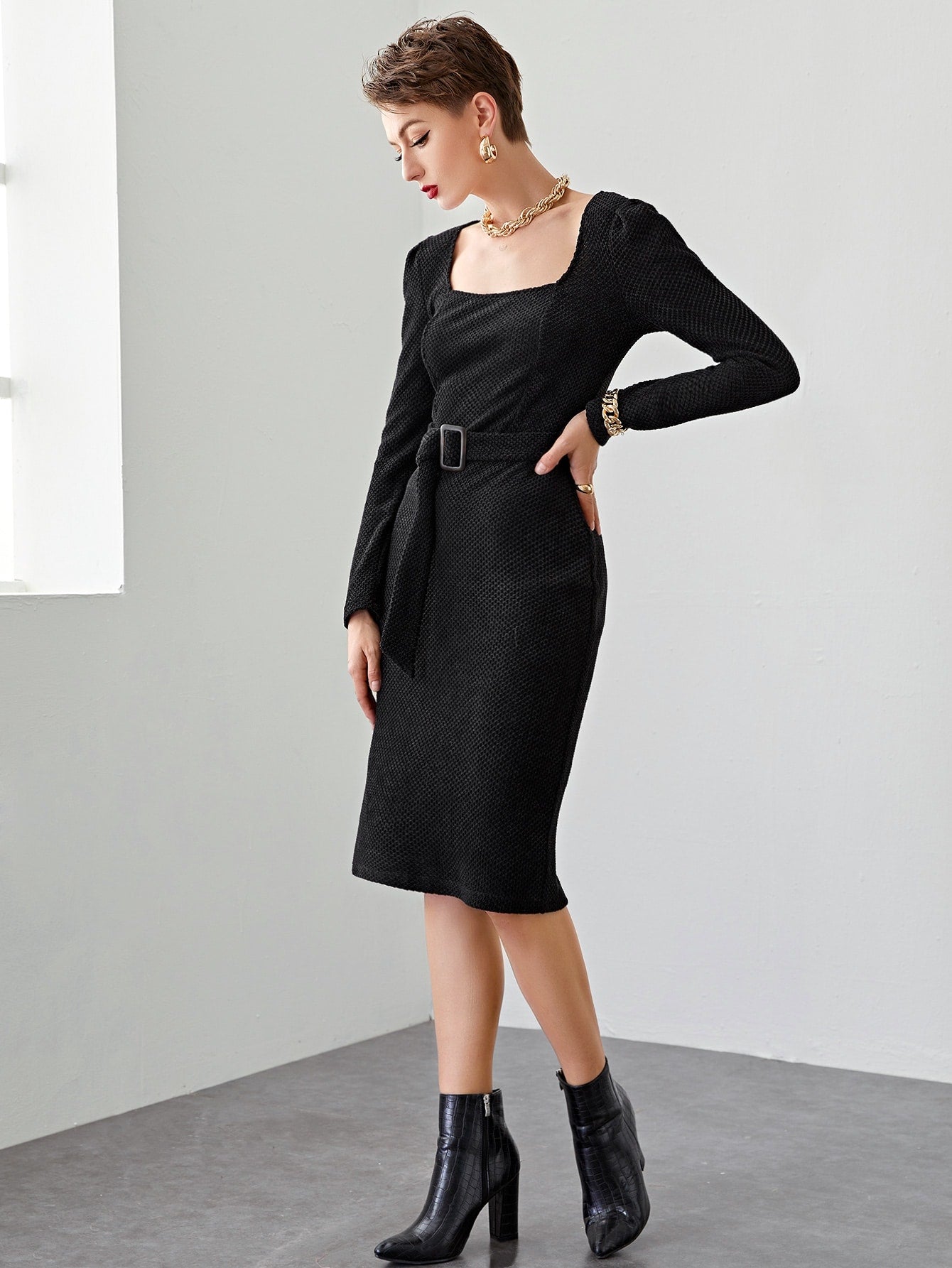 Square Neck Buckle Belted Slit Hem Waffle Knit Dress