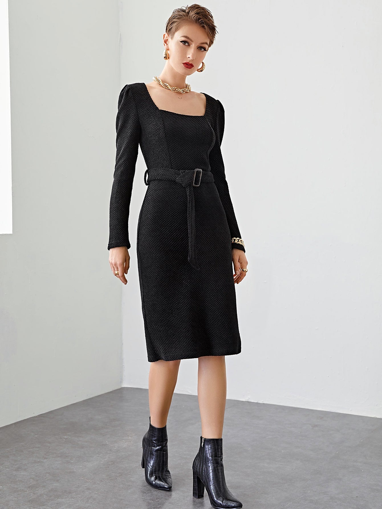Square Neck Buckle Belted Slit Hem Waffle Knit Dress