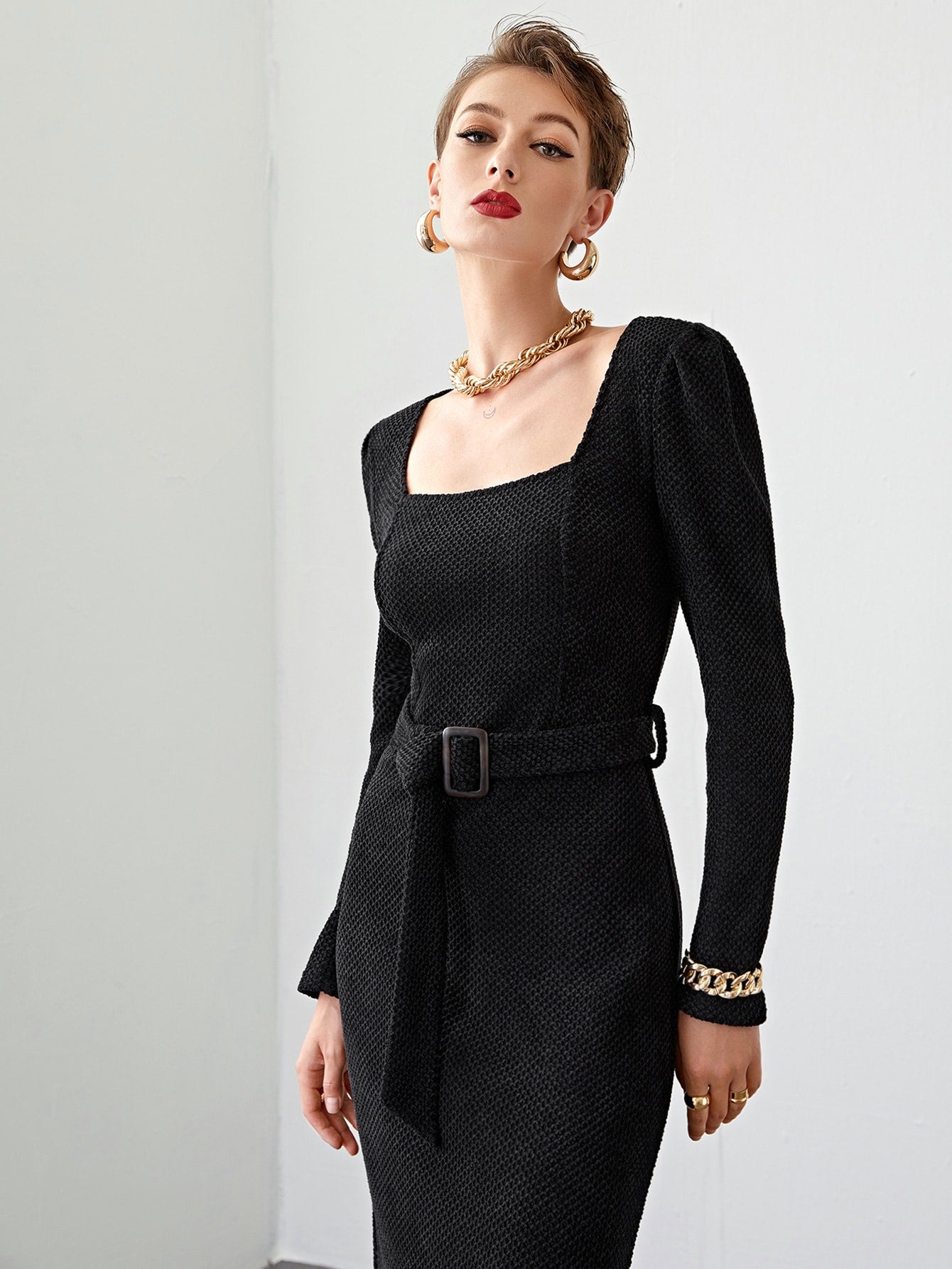 Square Neck Buckle Belted Slit Hem Waffle Knit Dress
