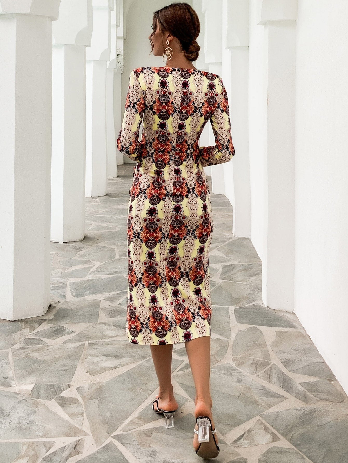 Plunge Neck Ruched All Over Print Dress
