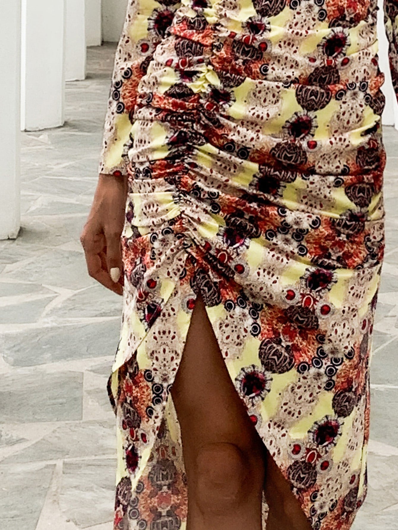Plunge Neck Ruched All Over Print Dress