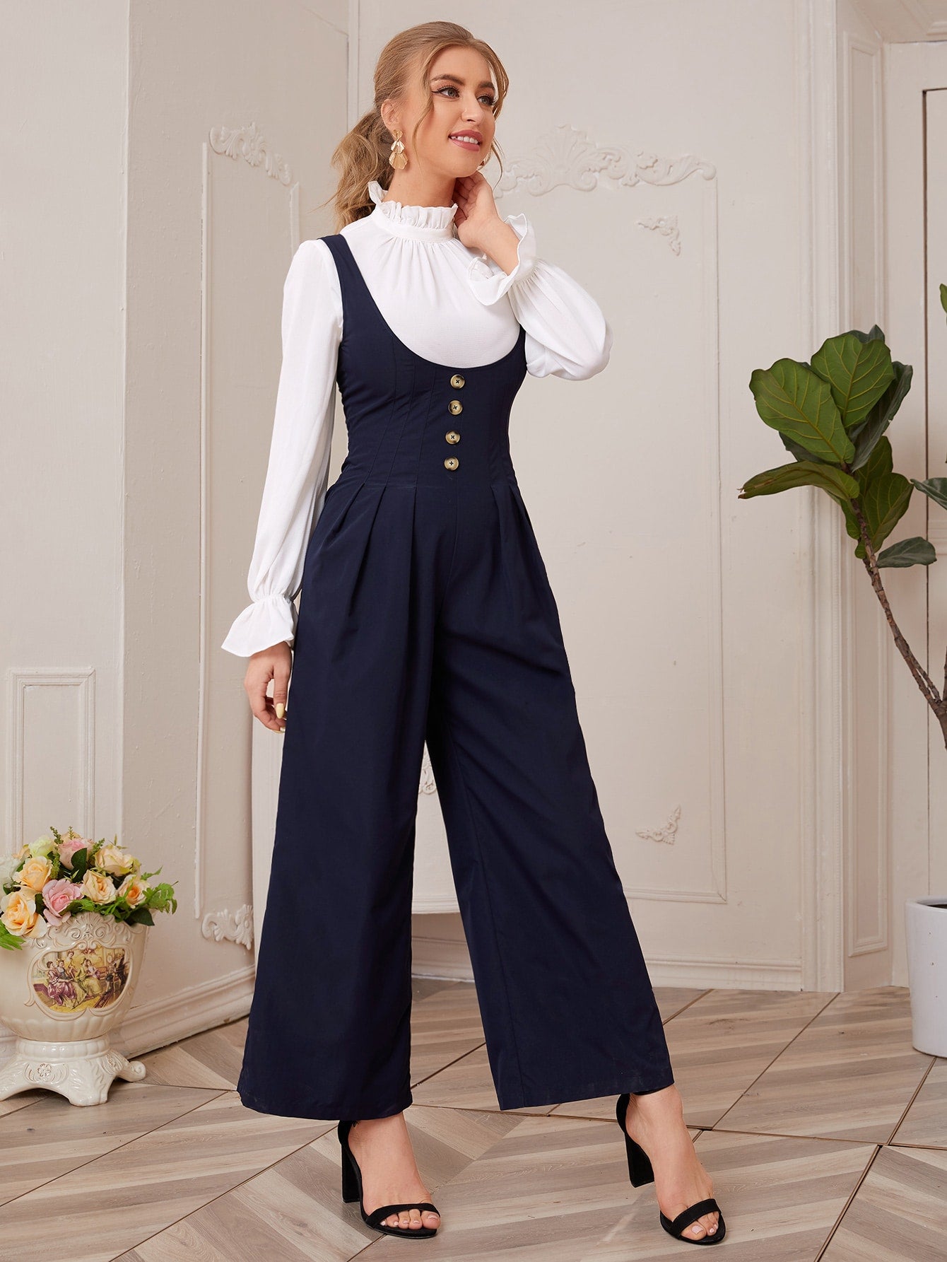 Buttoned Front Wide Leg Pinafore Jumpsuit