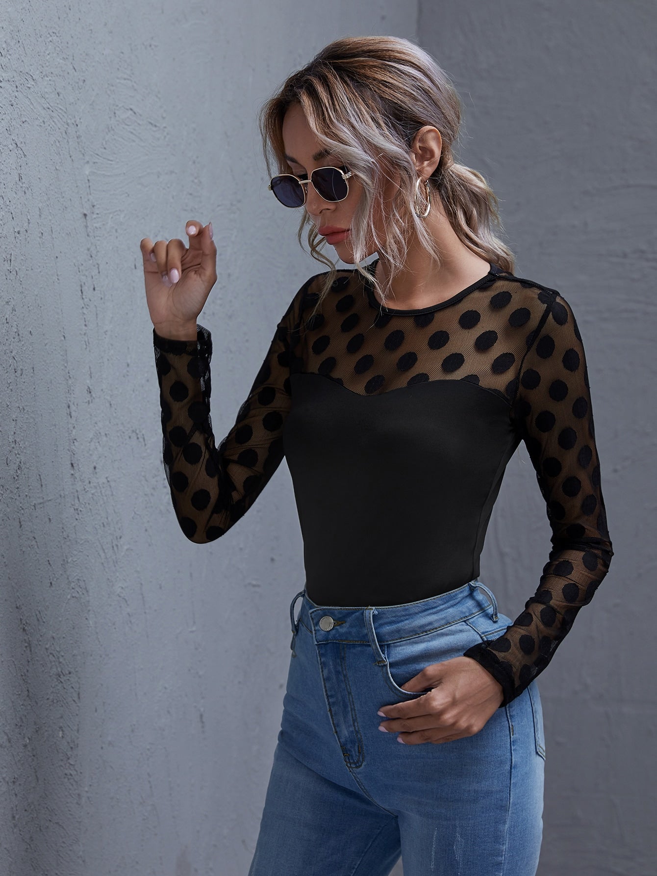 Polka-dot Mesh Yoke Slim Tee