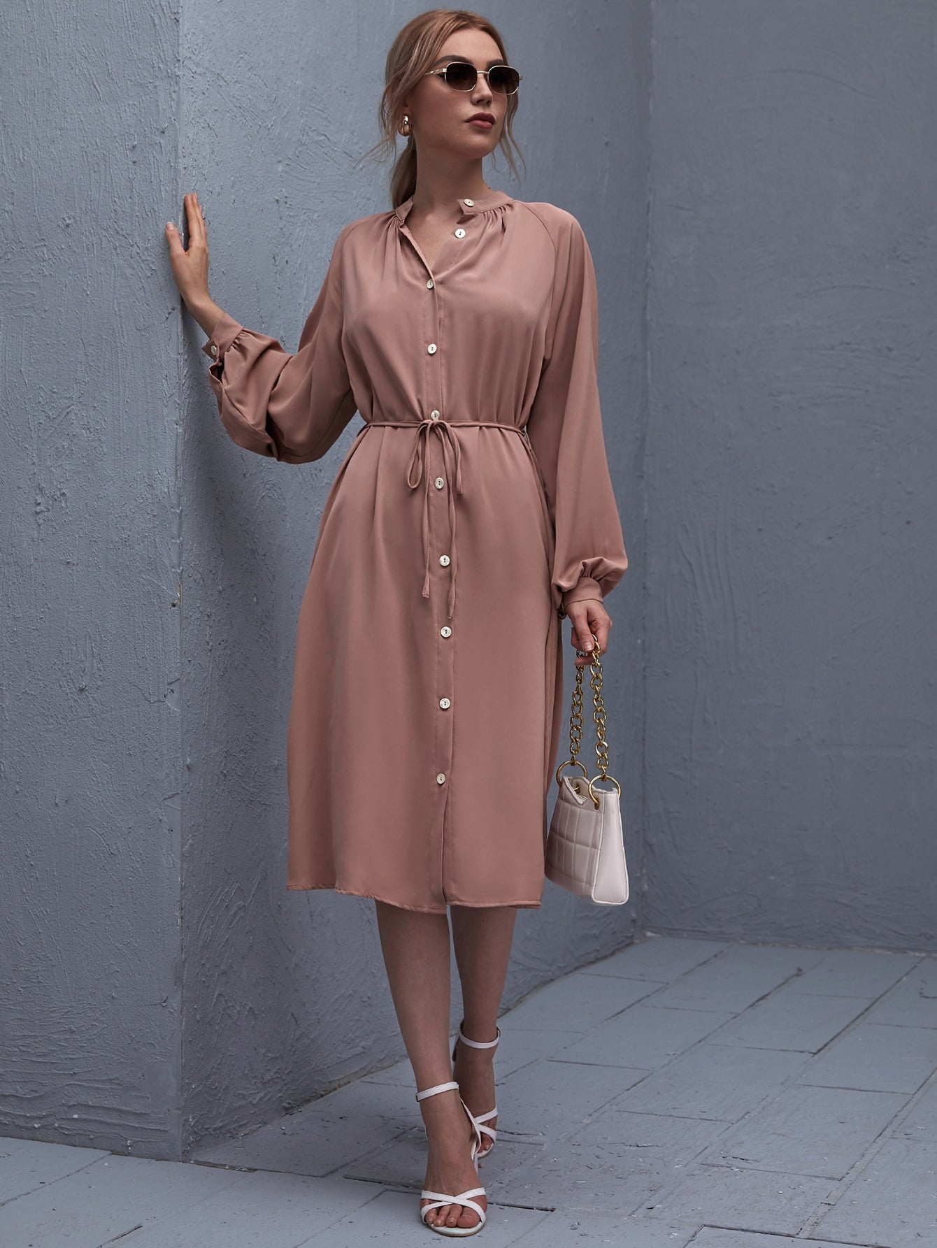 Raglan Sleeve Single Breasted Self Belted Dress