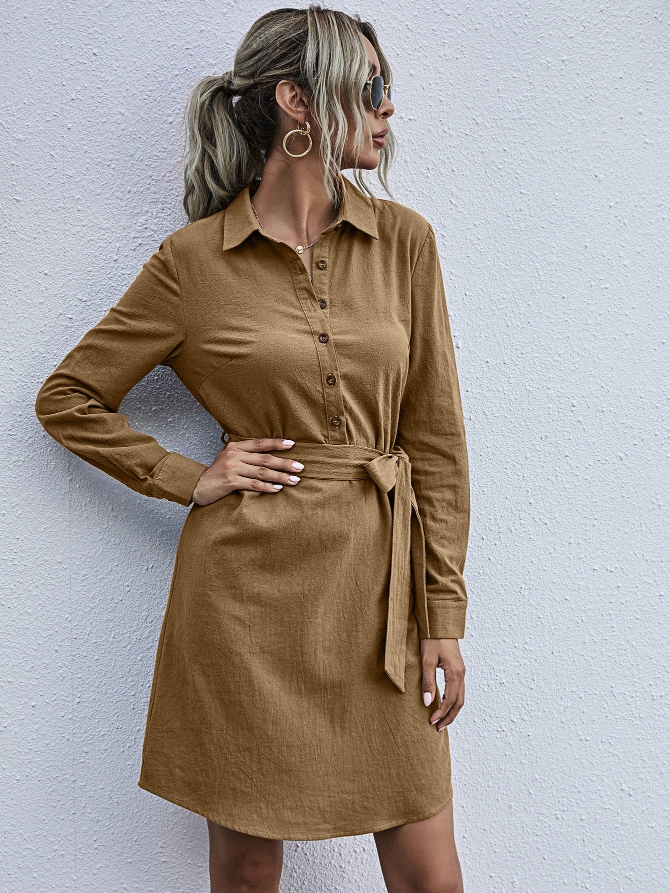 Solid Half Button Belted Shirt Dress