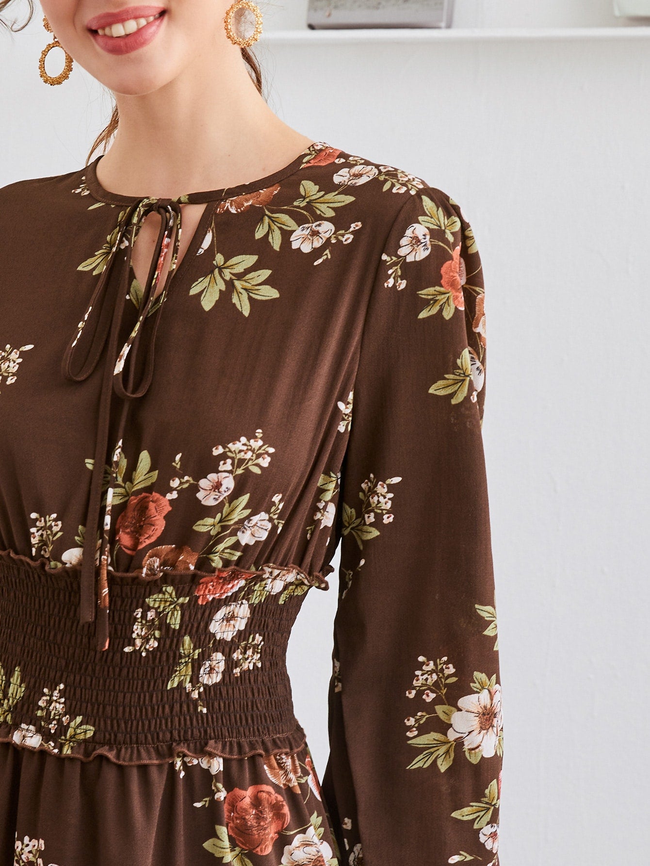 Floral Tie Neck Shirred Frill A-line Dress