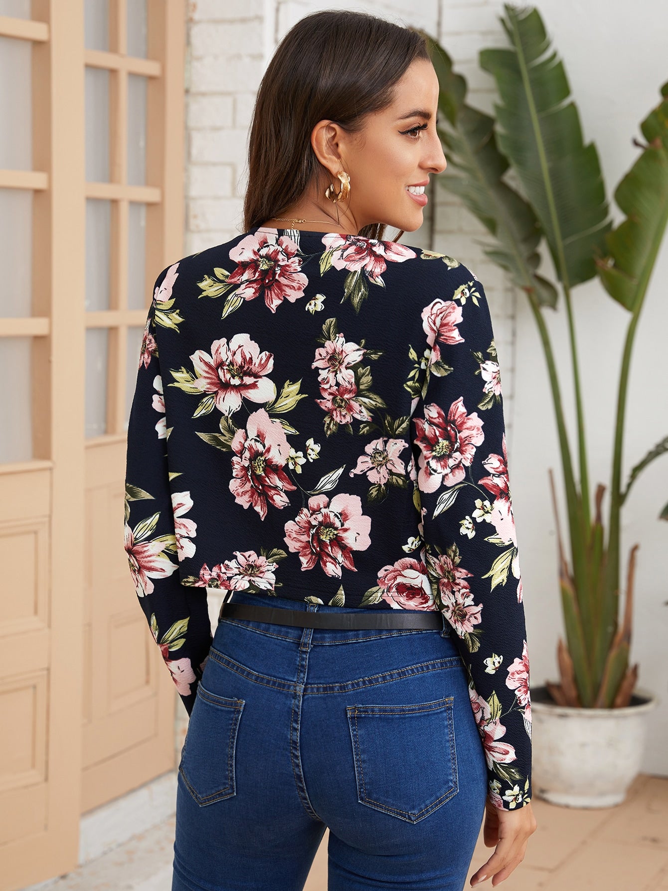 Floral Print Open Front Jacket