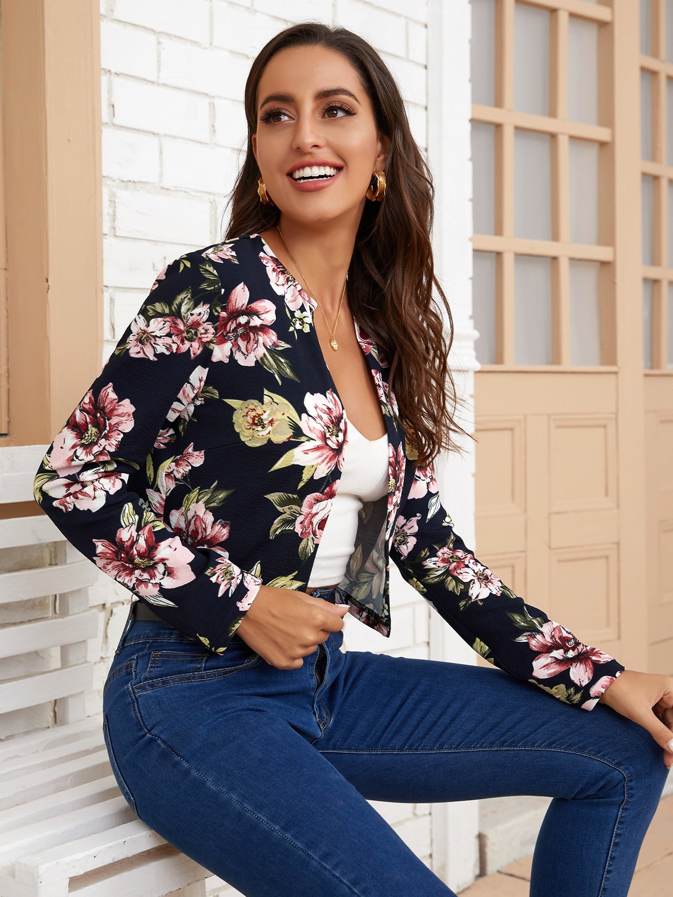 Floral Print Open Front Jacket