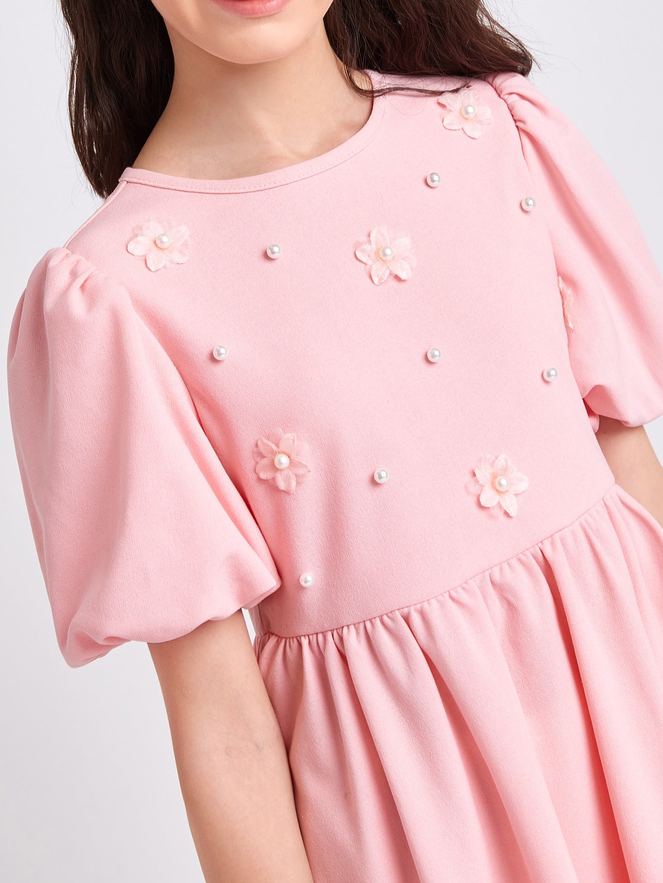Girls Pearl Beaded 3D Floral Applique Puff Sleeve Dress