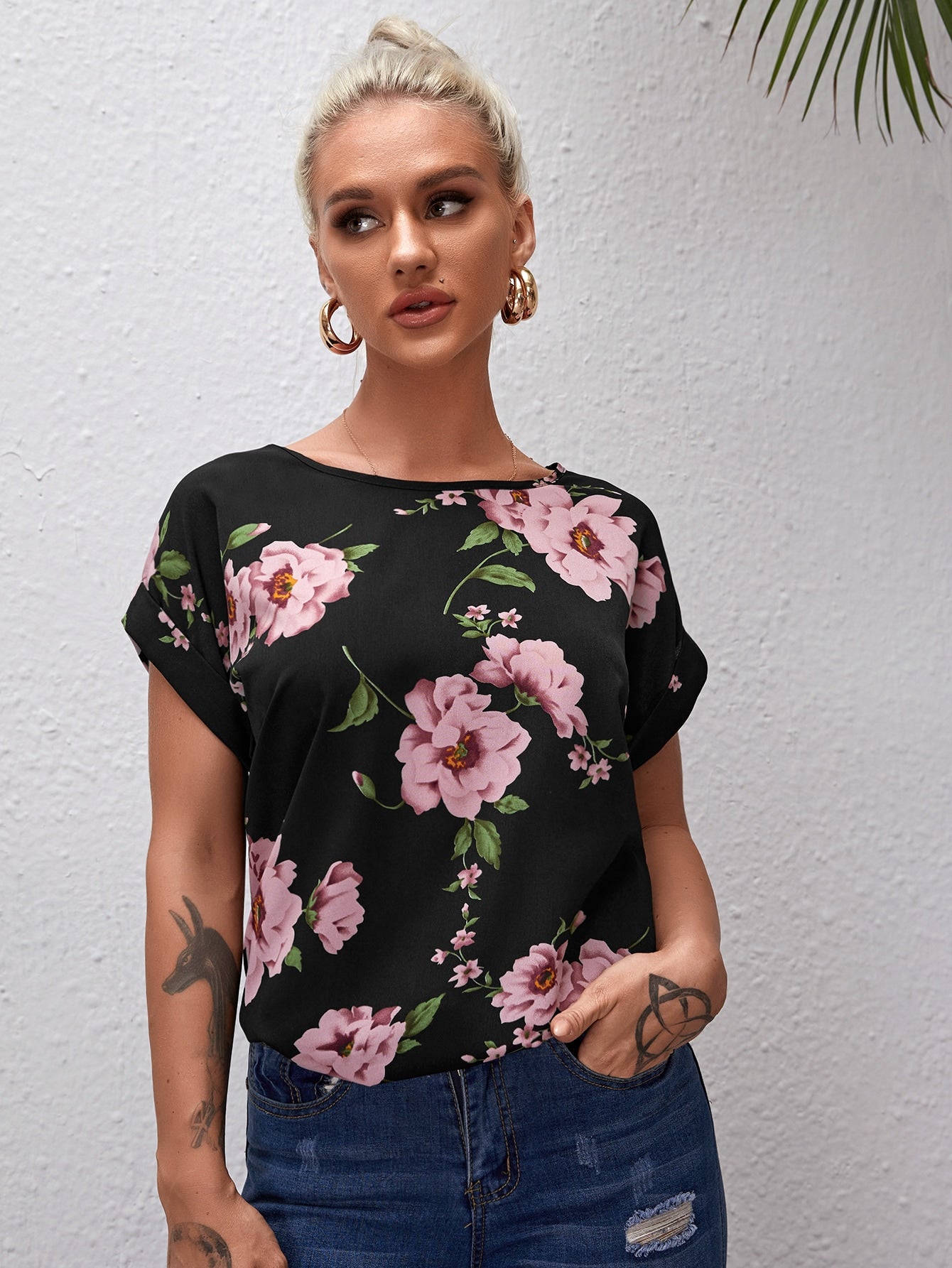 Batwing Sleeve Floral Print Top