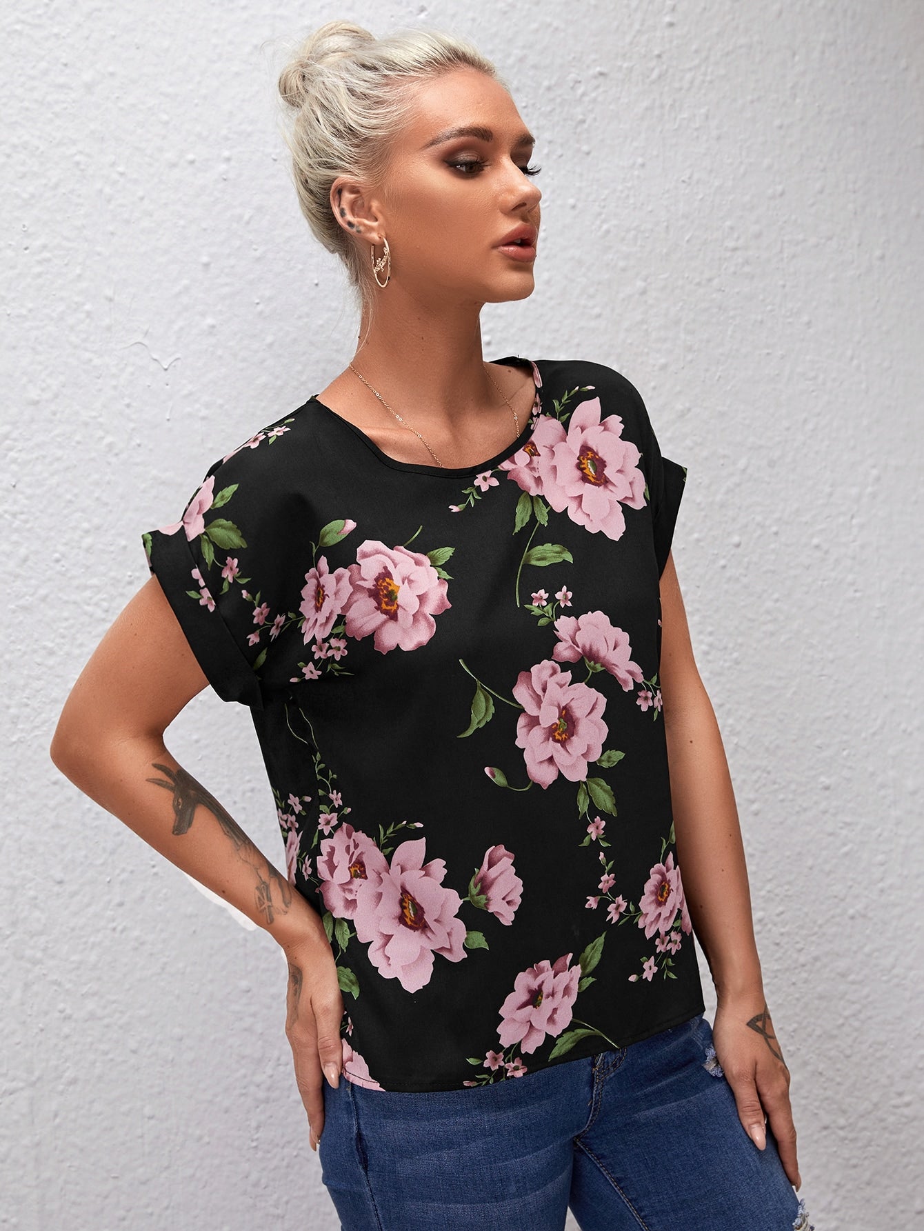 Batwing Sleeve Floral Print Top