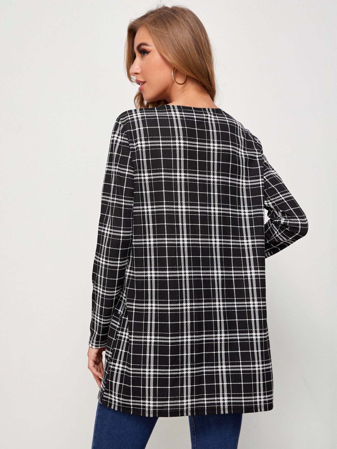 Open Placket Pocket Front Plaid Coat