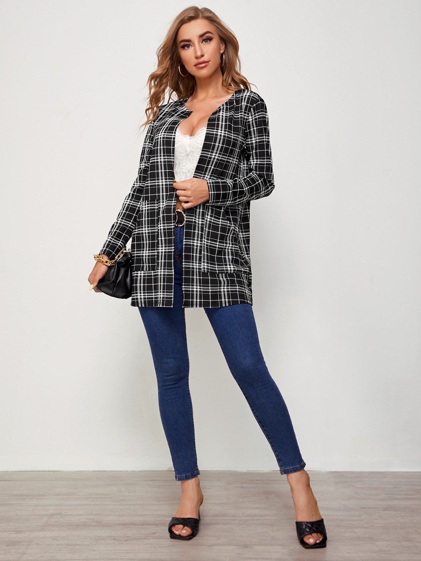 Open Placket Pocket Front Plaid Coat