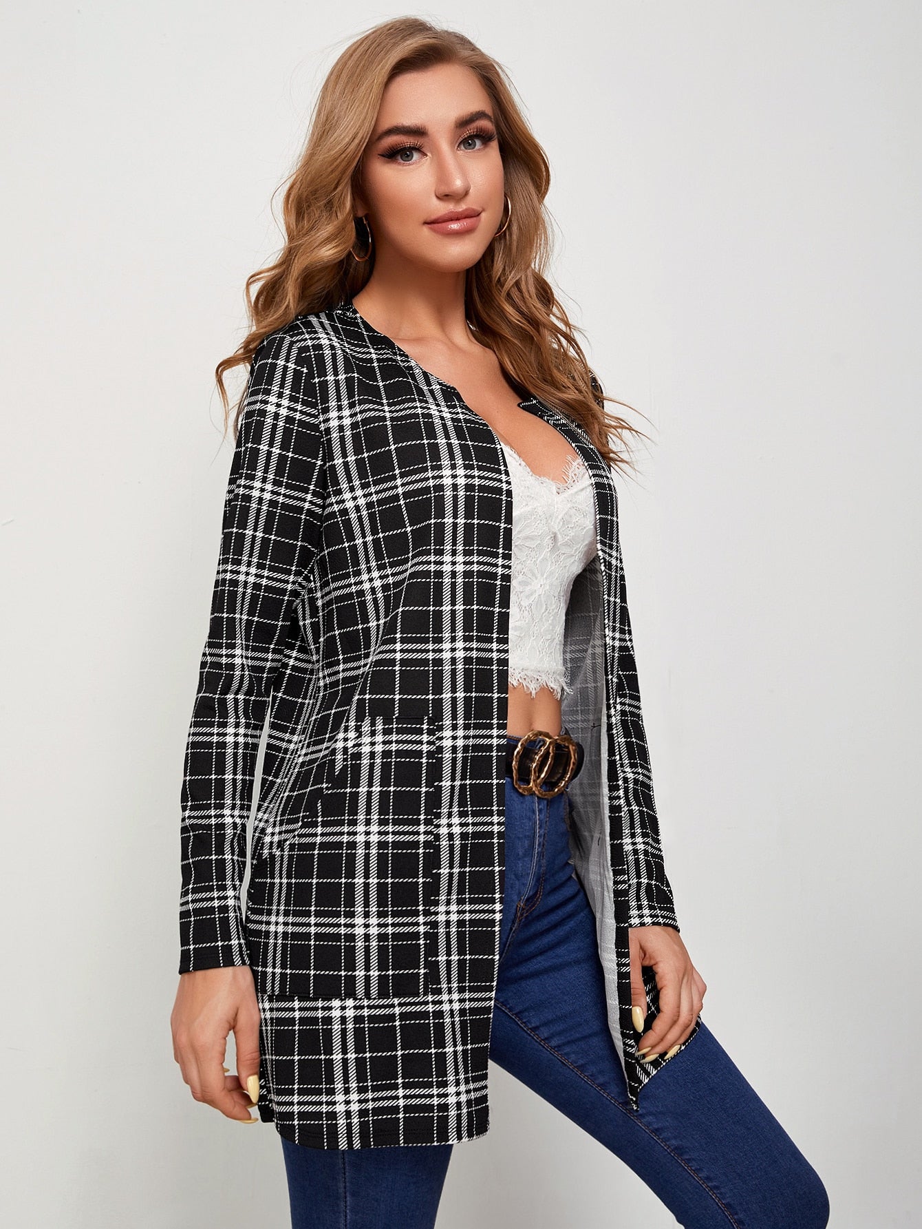 Open Placket Pocket Front Plaid Coat