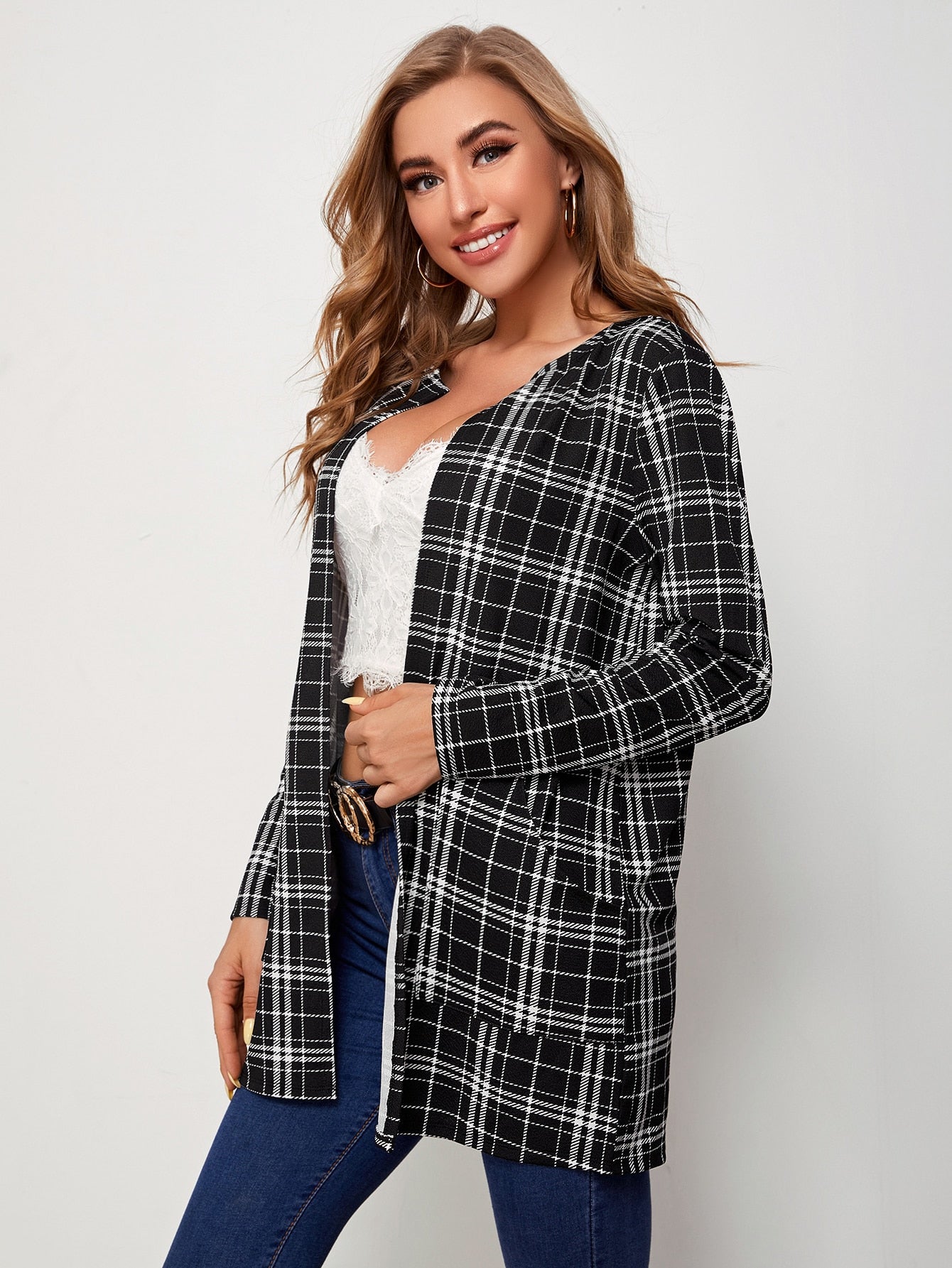 Open Placket Pocket Front Plaid Coat