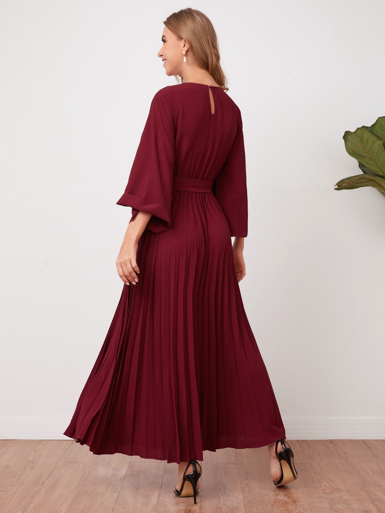 Bell Sleeve Self Belted Pleated Dress