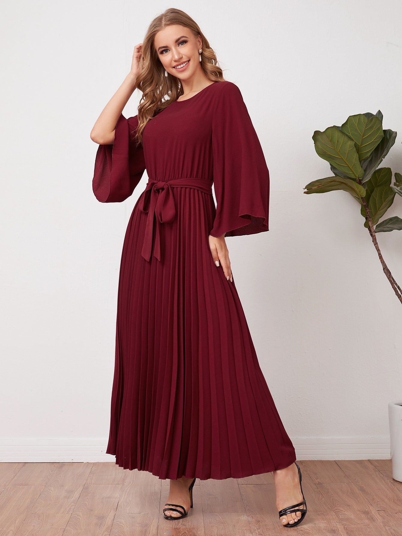 Bell Sleeve Self Belted Pleated Dress